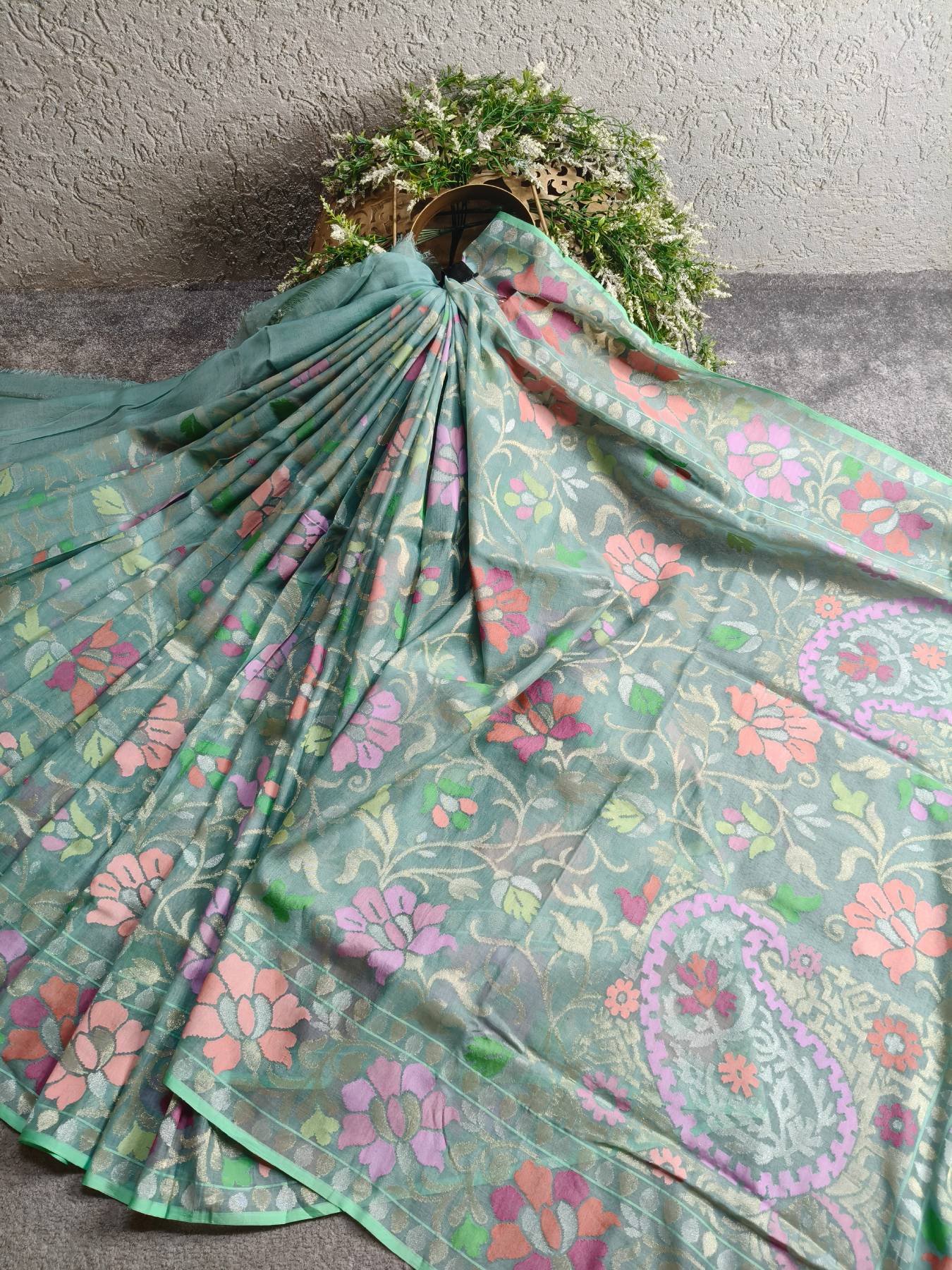 MINT GREEN REAL JARI COTTON PURE HANDLOOM BANARASI SAREE