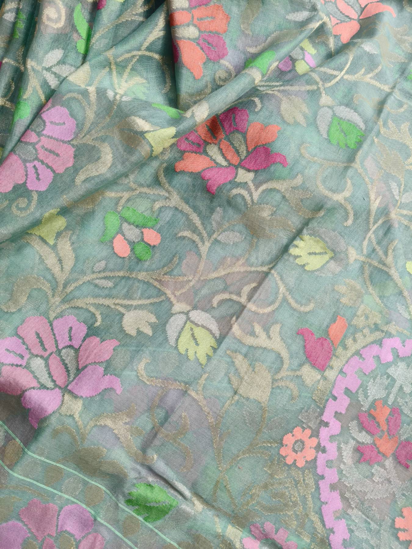 MINT GREEN REAL JARI COTTON PURE HANDLOOM BANARASI SAREE
