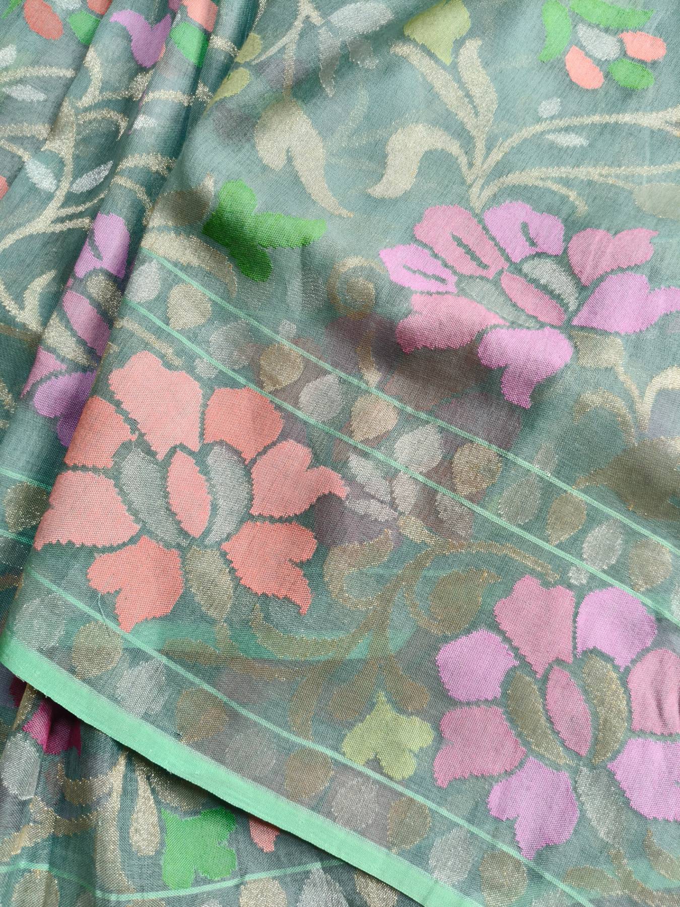 MINT GREEN REAL JARI COTTON PURE HANDLOOM BANARASI SAREE