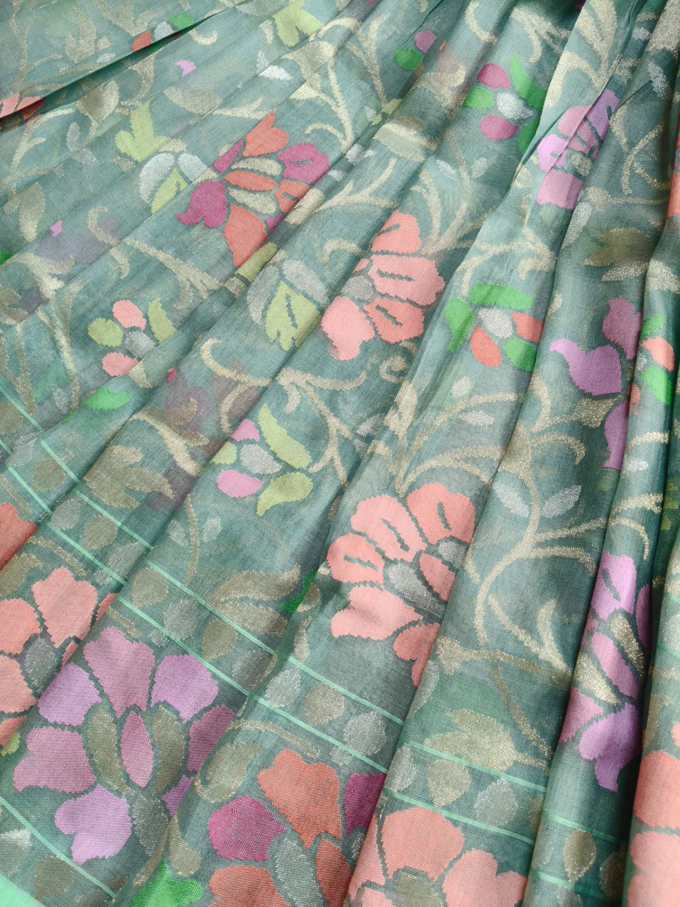 MINT GREEN REAL JARI COTTON PURE HANDLOOM BANARASI SAREE