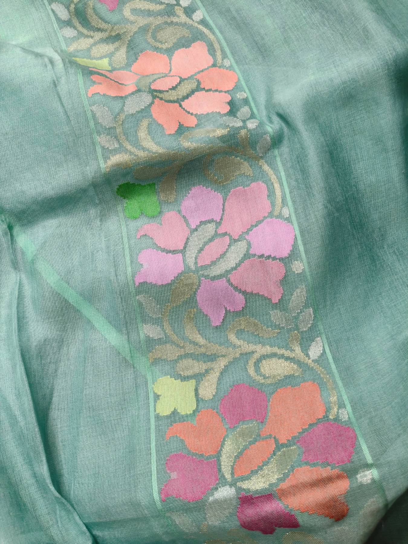 MINT GREEN REAL JARI COTTON PURE HANDLOOM BANARASI SAREE