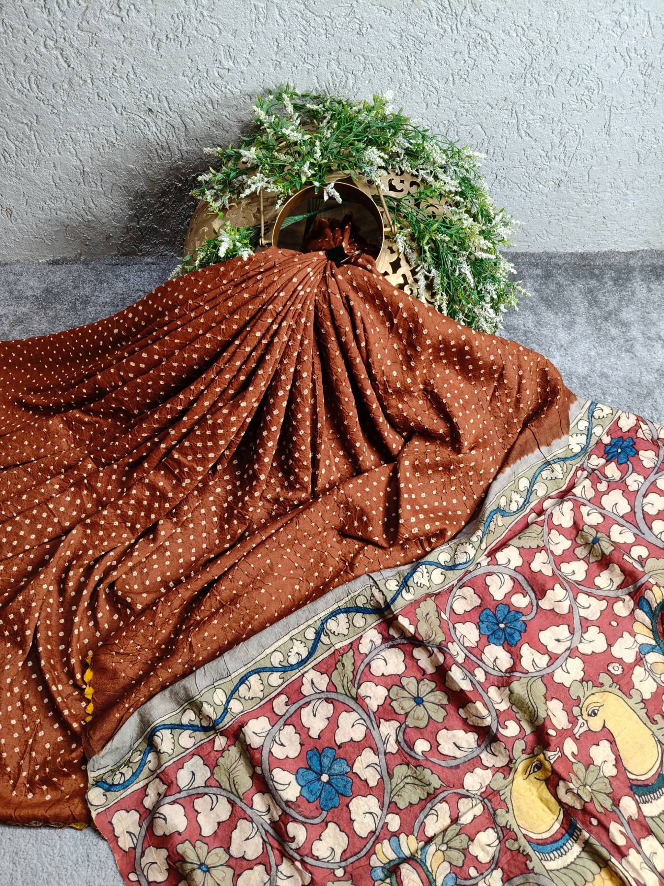 BROWN TUSSAR PURE HANDLOOM BANDHEJ SAREE