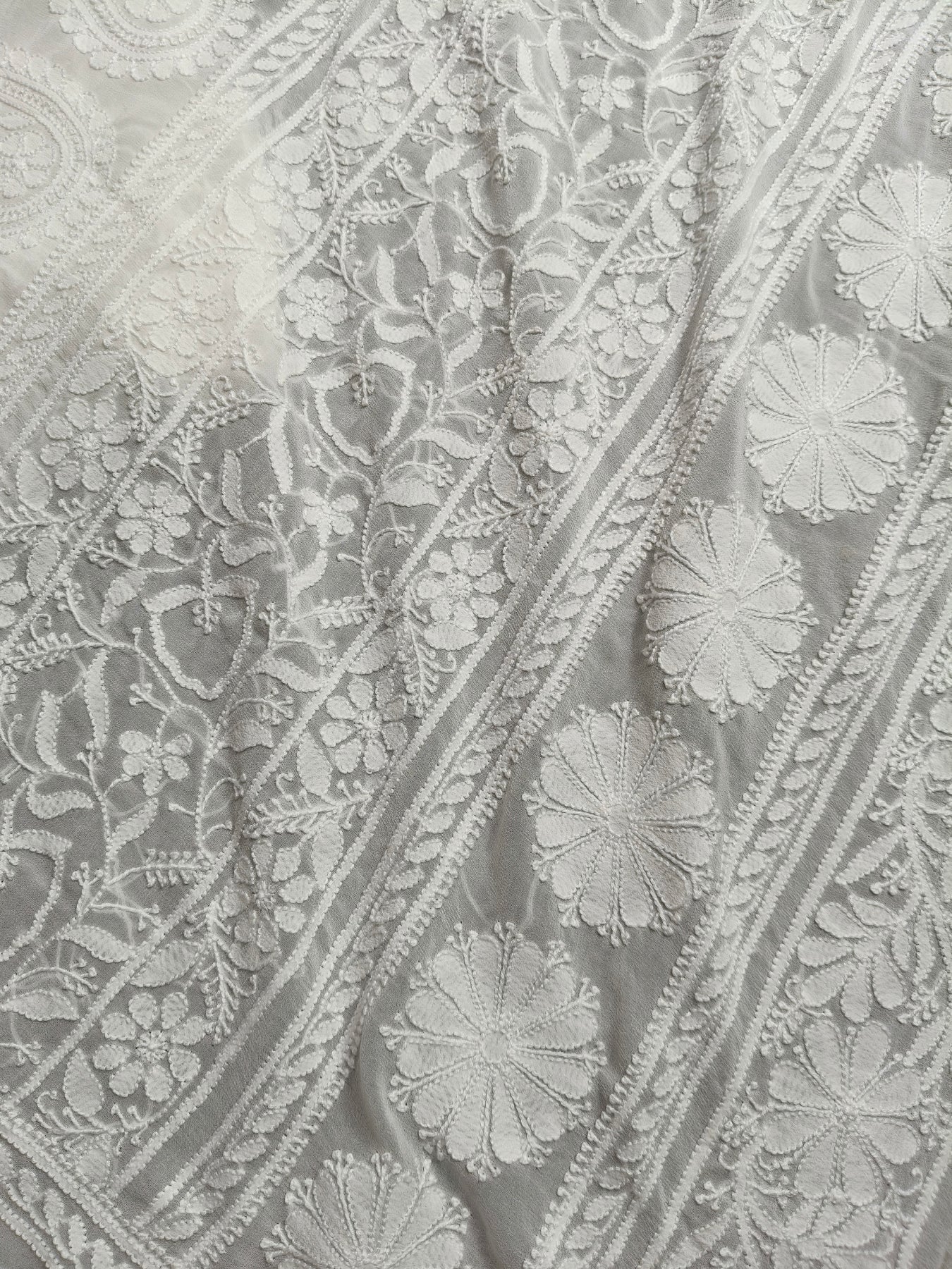 WHITE GEORGETTE PURE HANDLOOM LUCKNOWI EMBROIDERY SAREE
