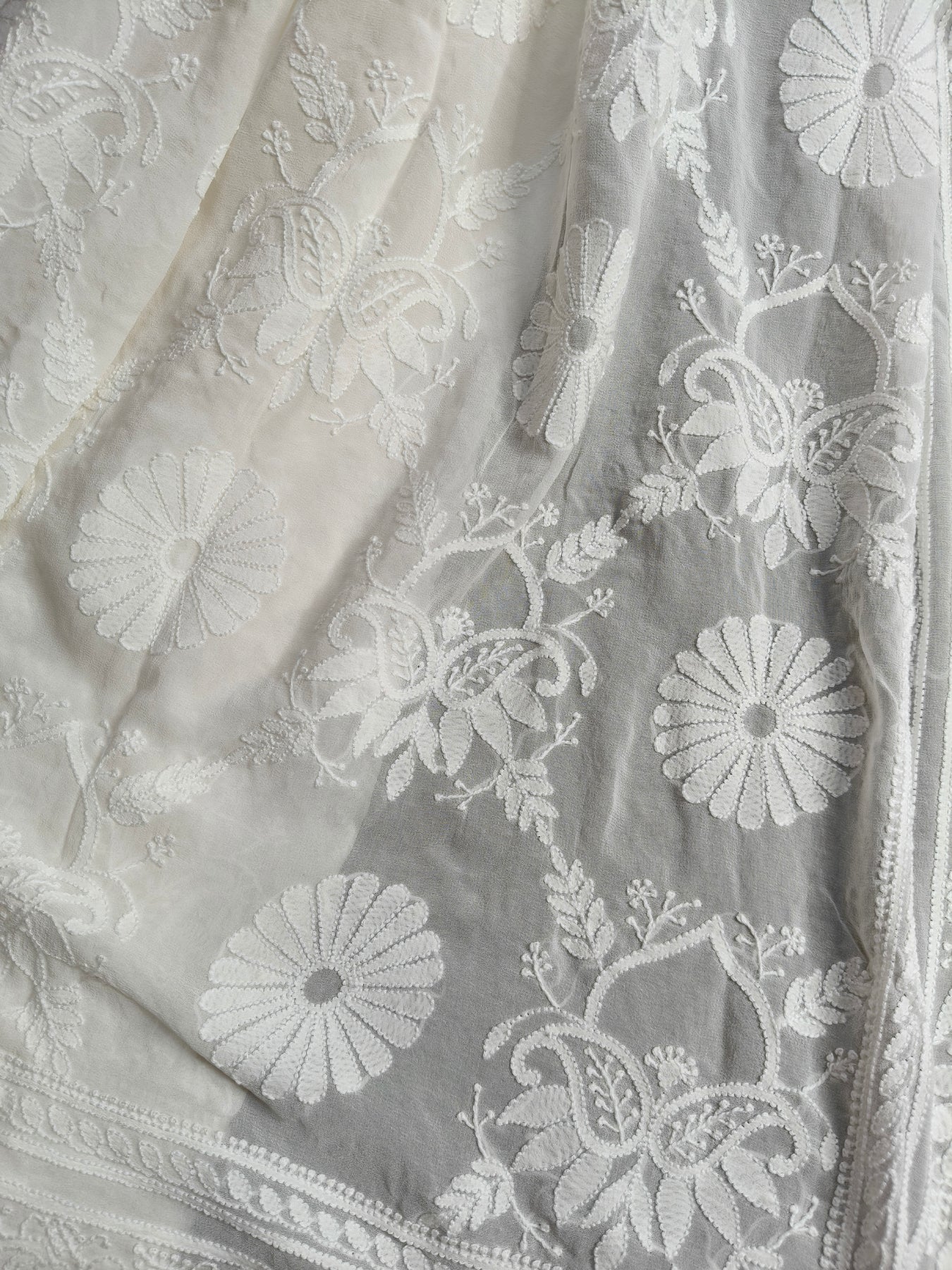 WHITE GEORGETTE PURE HANDLOOM LUCKNOWI EMBROIDERY SAREE
