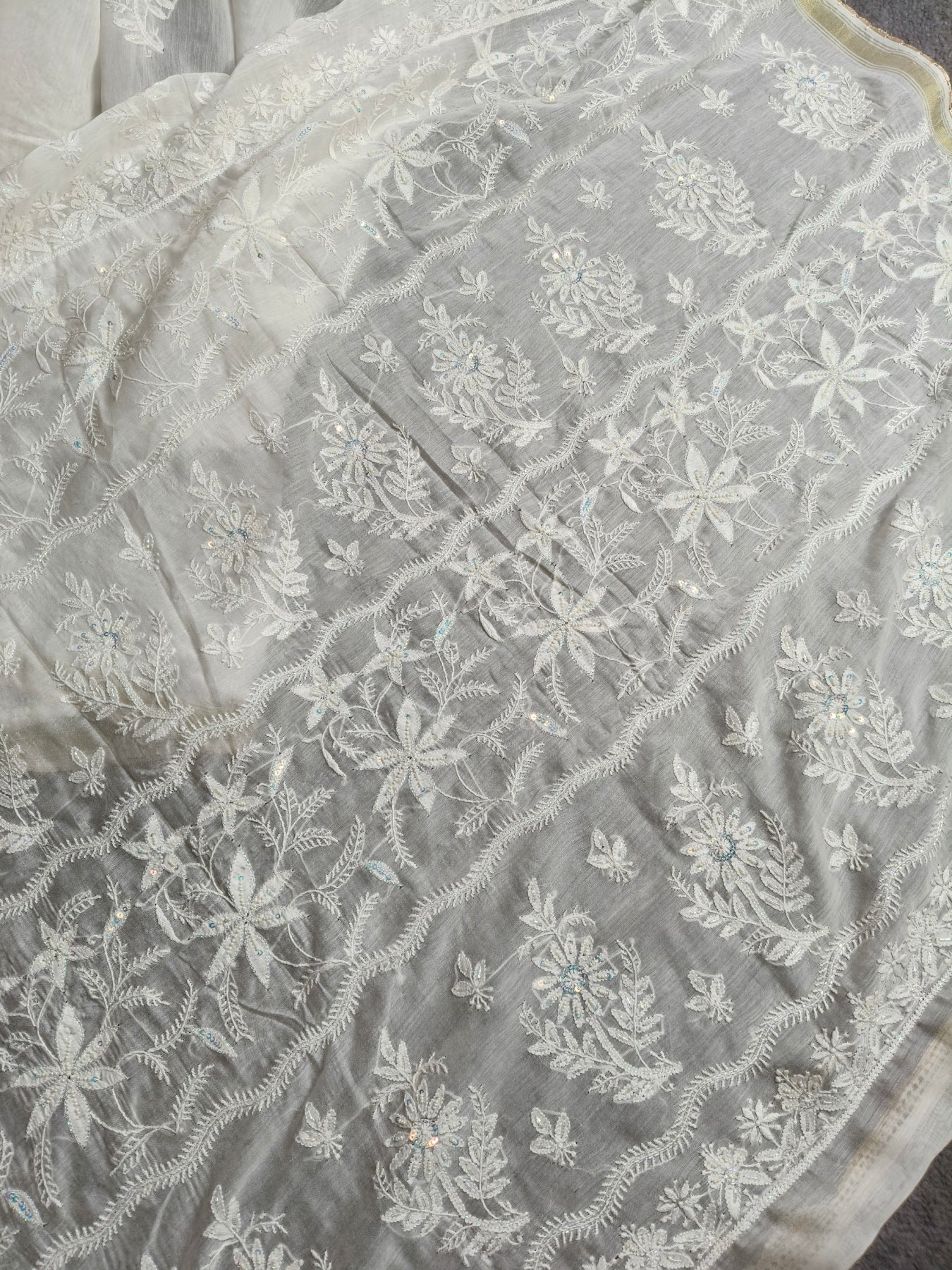 WHITE COTTON MUSLIN PURE HANDLOOM LUCKNOWI SAREE