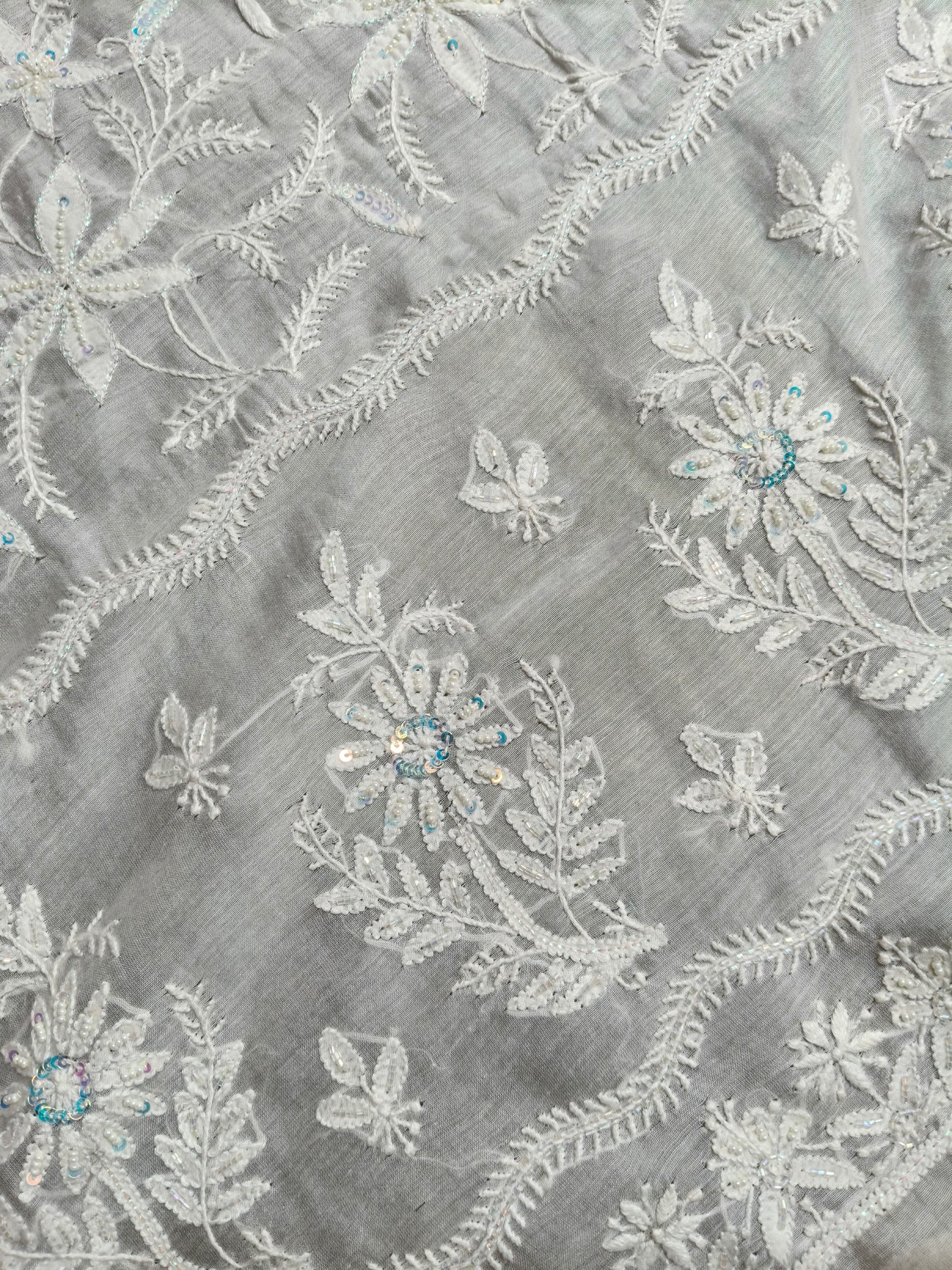 WHITE COTTON MUSLIN PURE HANDLOOM LUCKNOWI SAREE