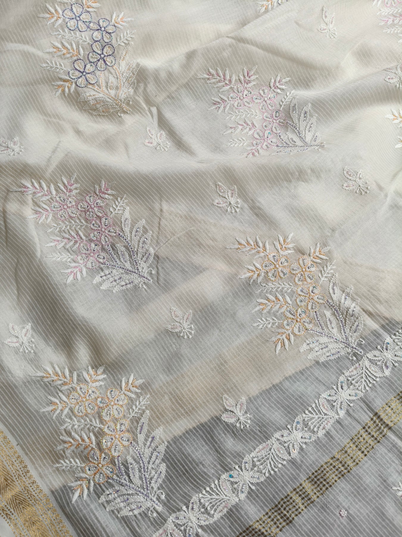 WHITE COTTON CHANDERI PURE HANDLOOM EMBROIDERY SAREE