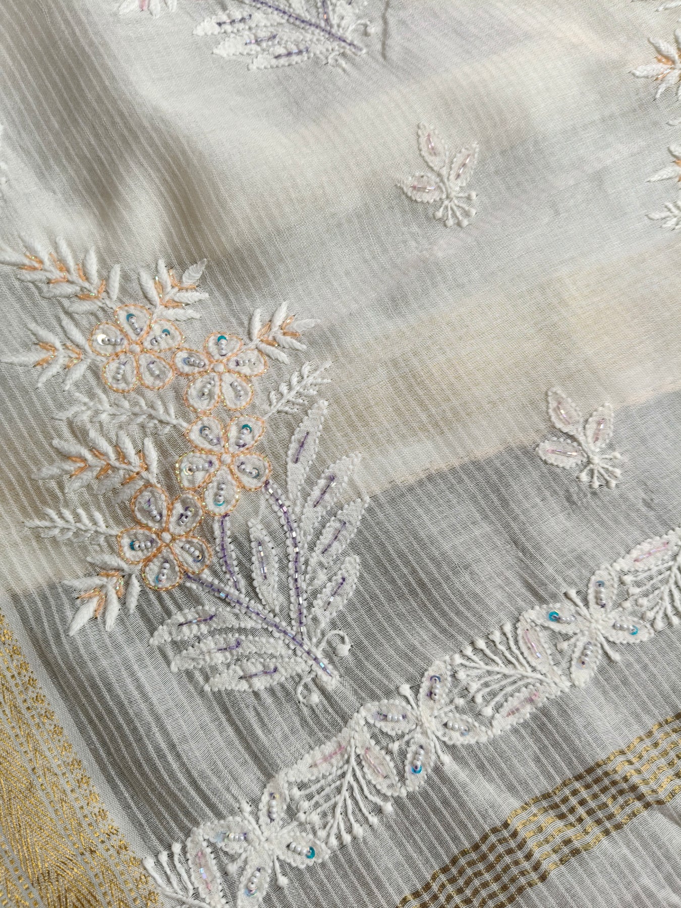 WHITE COTTON CHANDERI PURE HANDLOOM EMBROIDERY SAREE