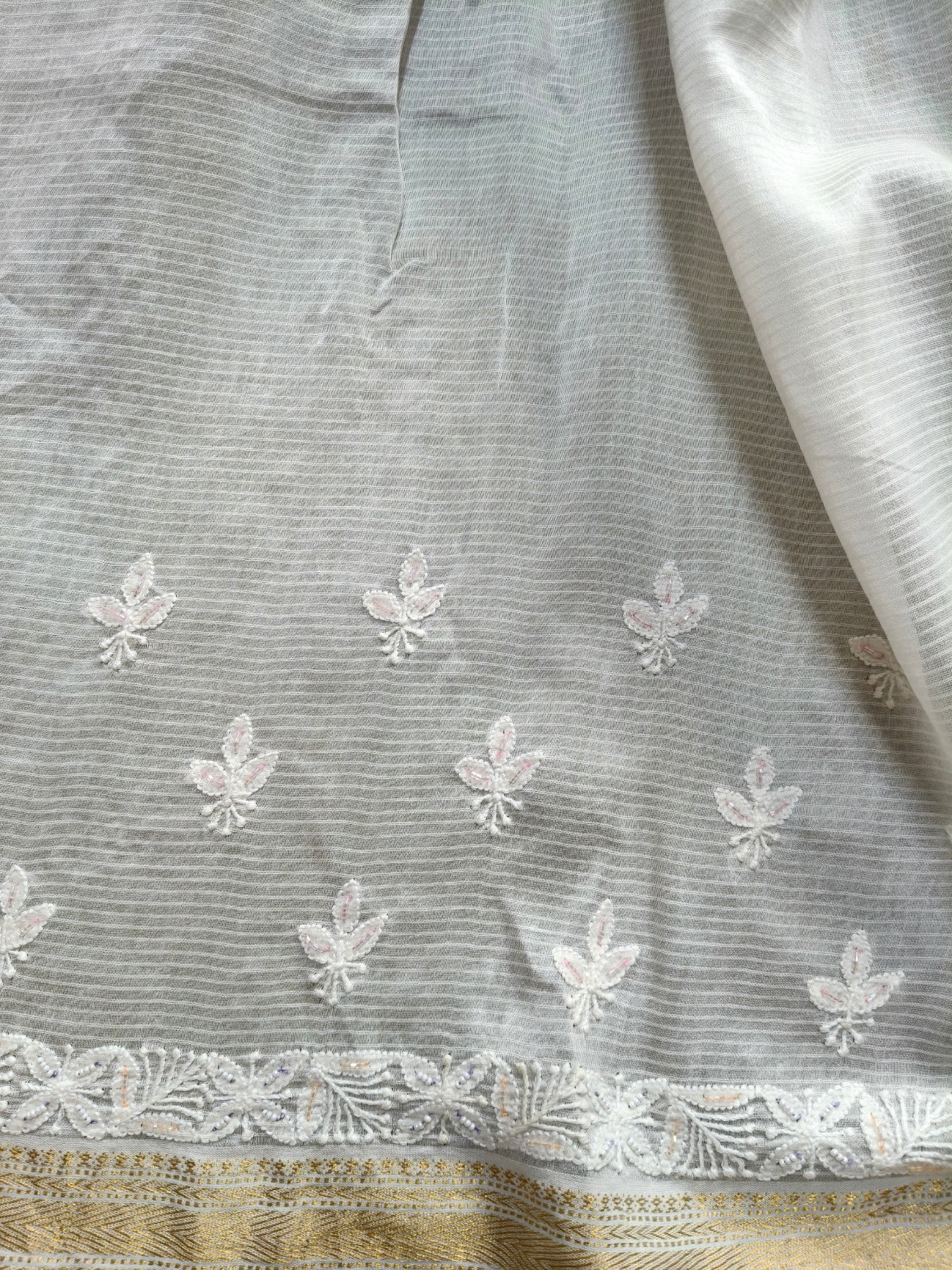WHITE COTTON CHANDERI PURE HANDLOOM EMBROIDERY SAREE