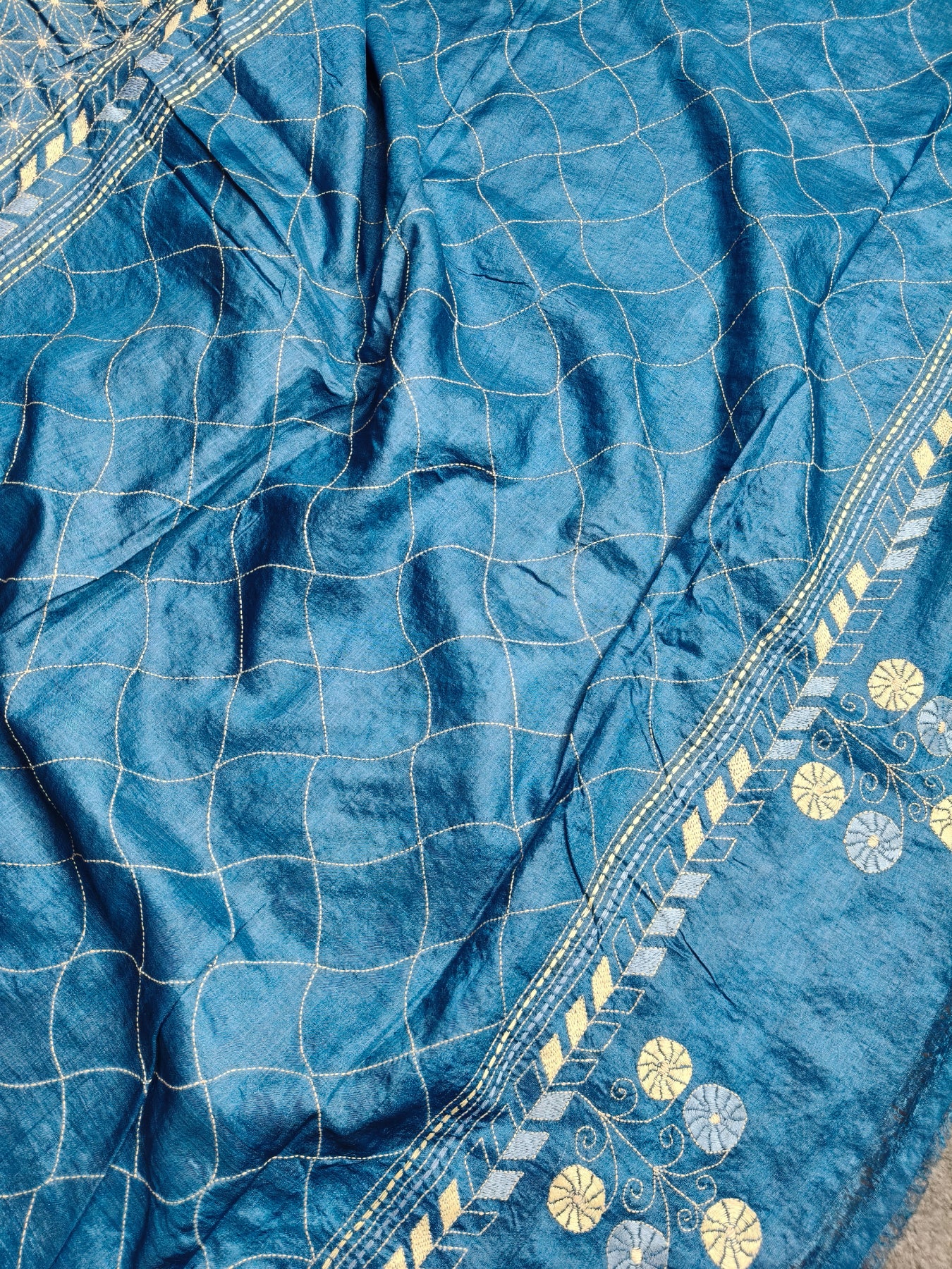 BLUE TASSAR SILK PURE HANDLOOM KANTHA SAREE