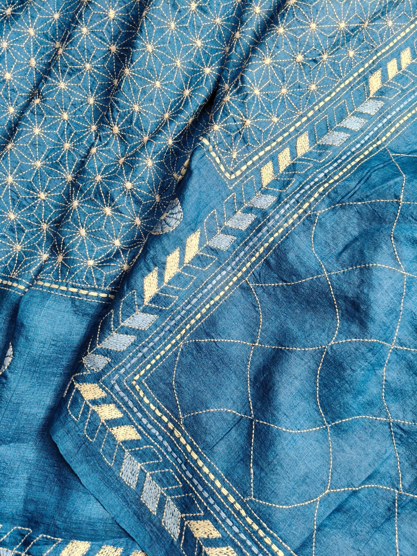 BLUE TASSAR SILK PURE HANDLOOM KANTHA SAREE