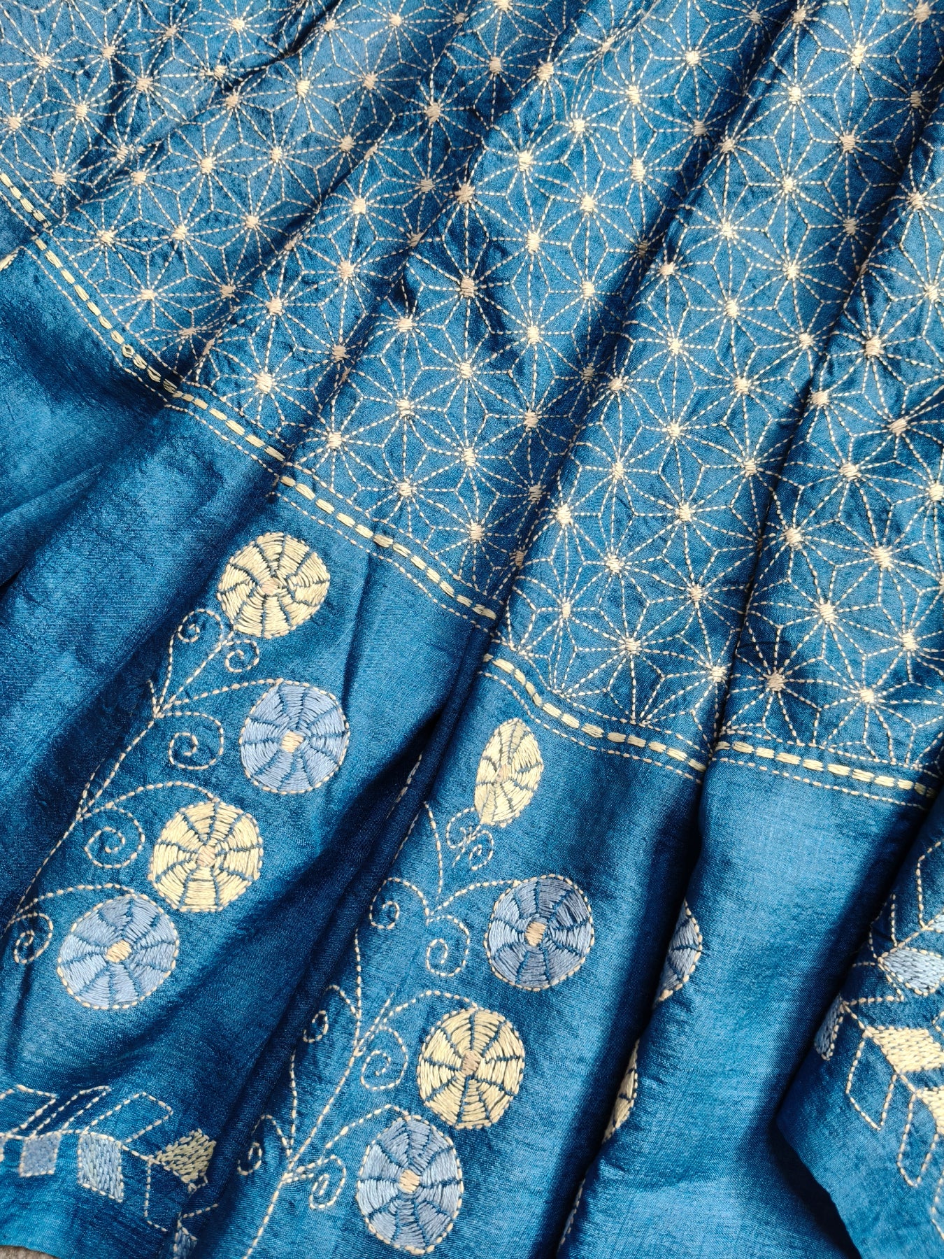 BLUE TASSAR SILK PURE HANDLOOM KANTHA SAREE