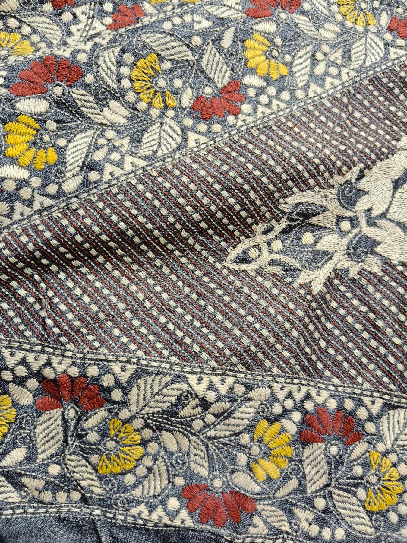 GREY TASSAR SILK PURE HANDLOOM KANTHA SAREE
