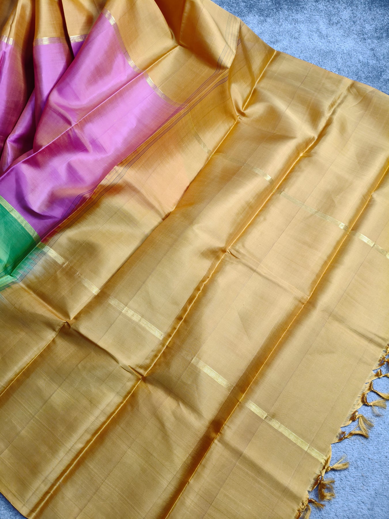 YELLOW PINK GREEN SILK PURE HANDLOOM KANJIVARAM MUBBAGAM SAREE