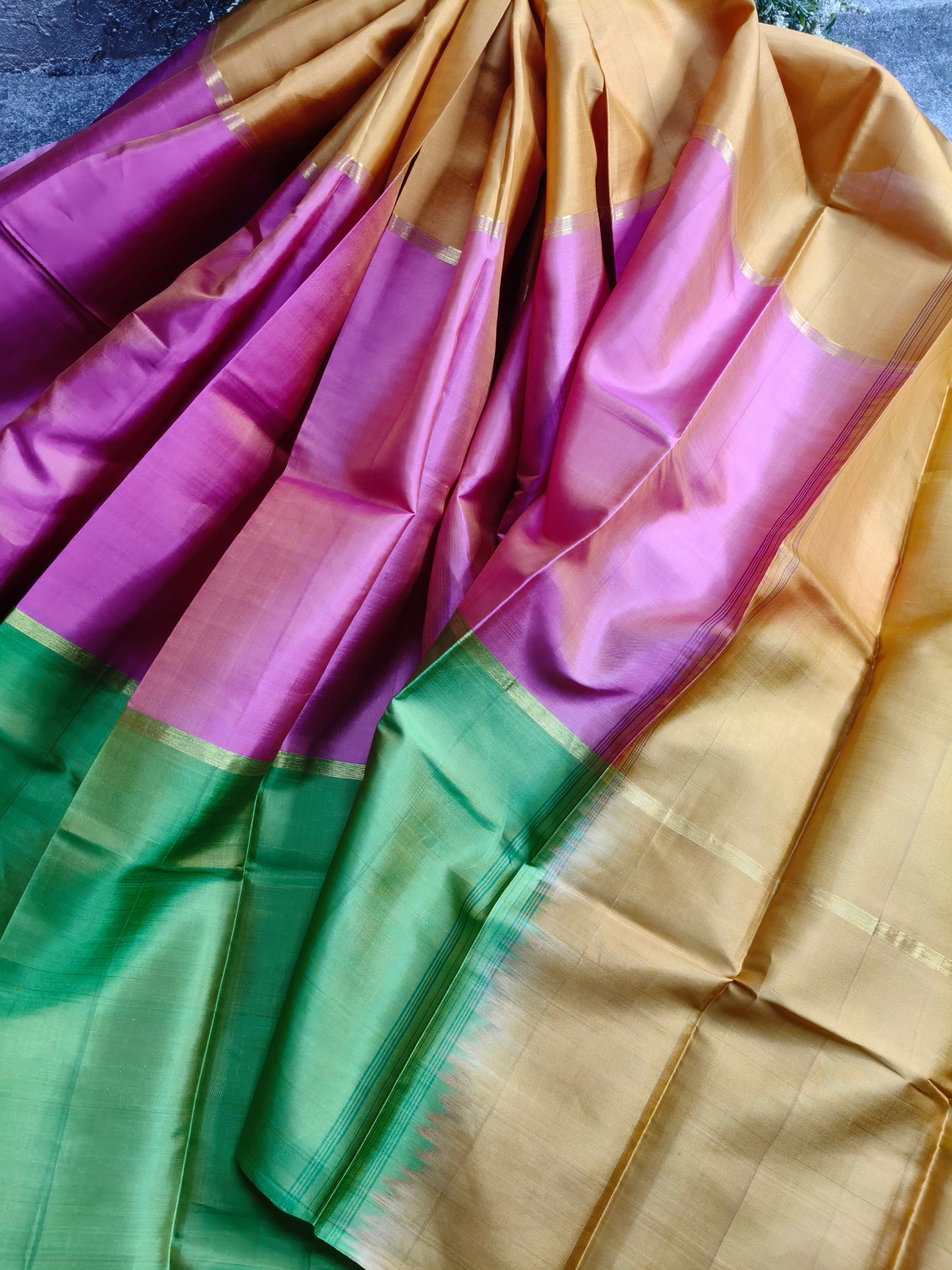 YELLOW PINK GREEN SILK PURE HANDLOOM KANJIVARAM MUBBAGAM SAREE