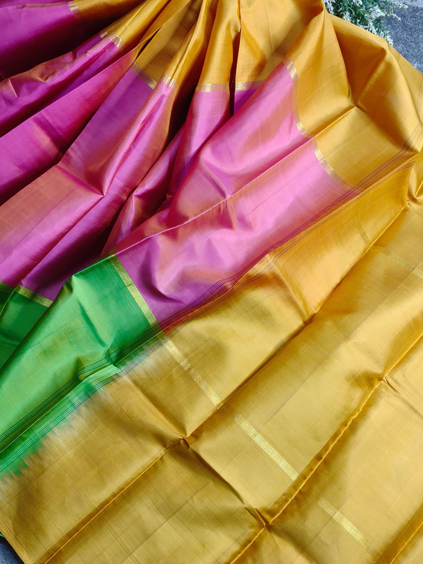 YELLOW PINK GREEN SILK PURE HANDLOOM KANJIVARAM MUBBAGAM SAREE