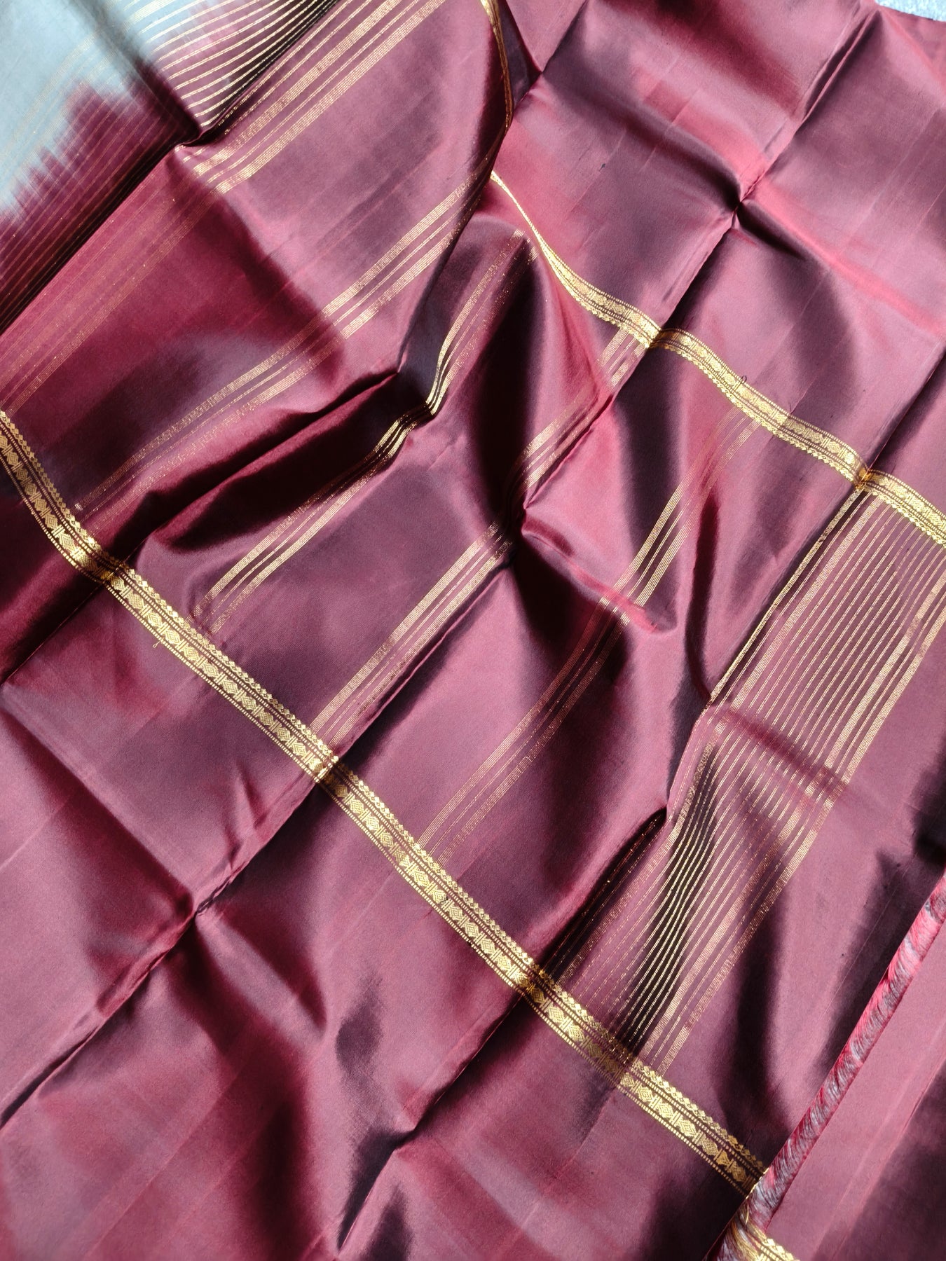 GREEN GREY MAROON SILK PURE HANDLOOM KANJIVARAM MUBBAGAM SAREE