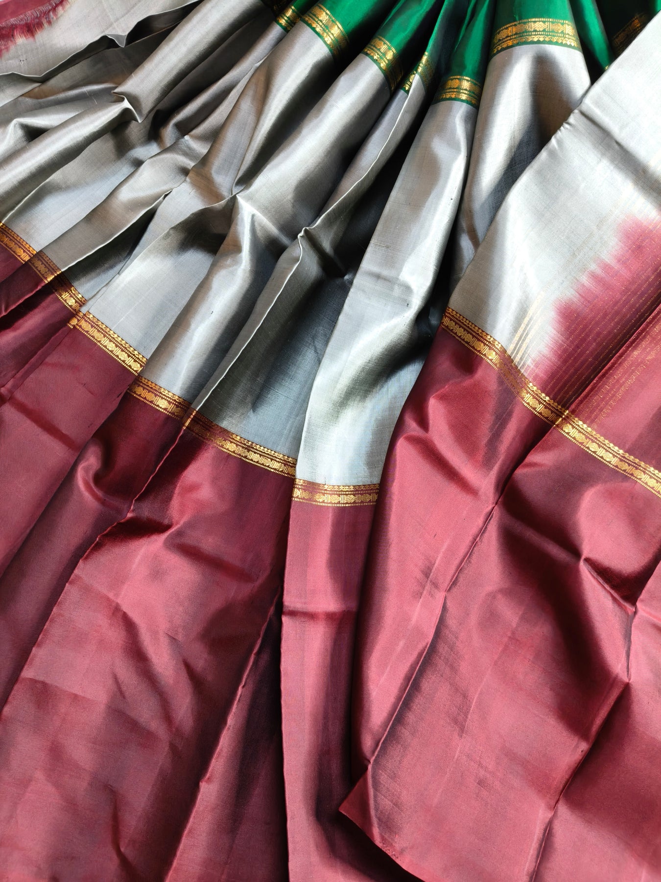 GREEN GREY MAROON SILK PURE HANDLOOM KANJIVARAM MUBBAGAM SAREE