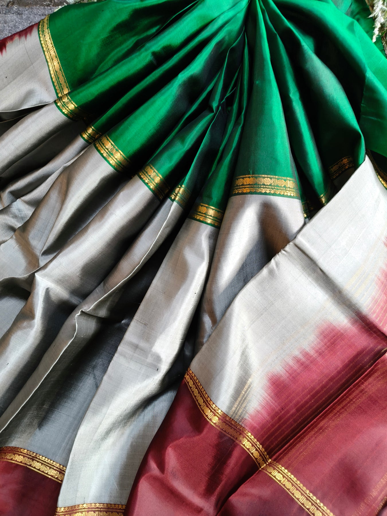 GREEN GREY MAROON SILK PURE HANDLOOM KANJIVARAM MUBBAGAM SAREE