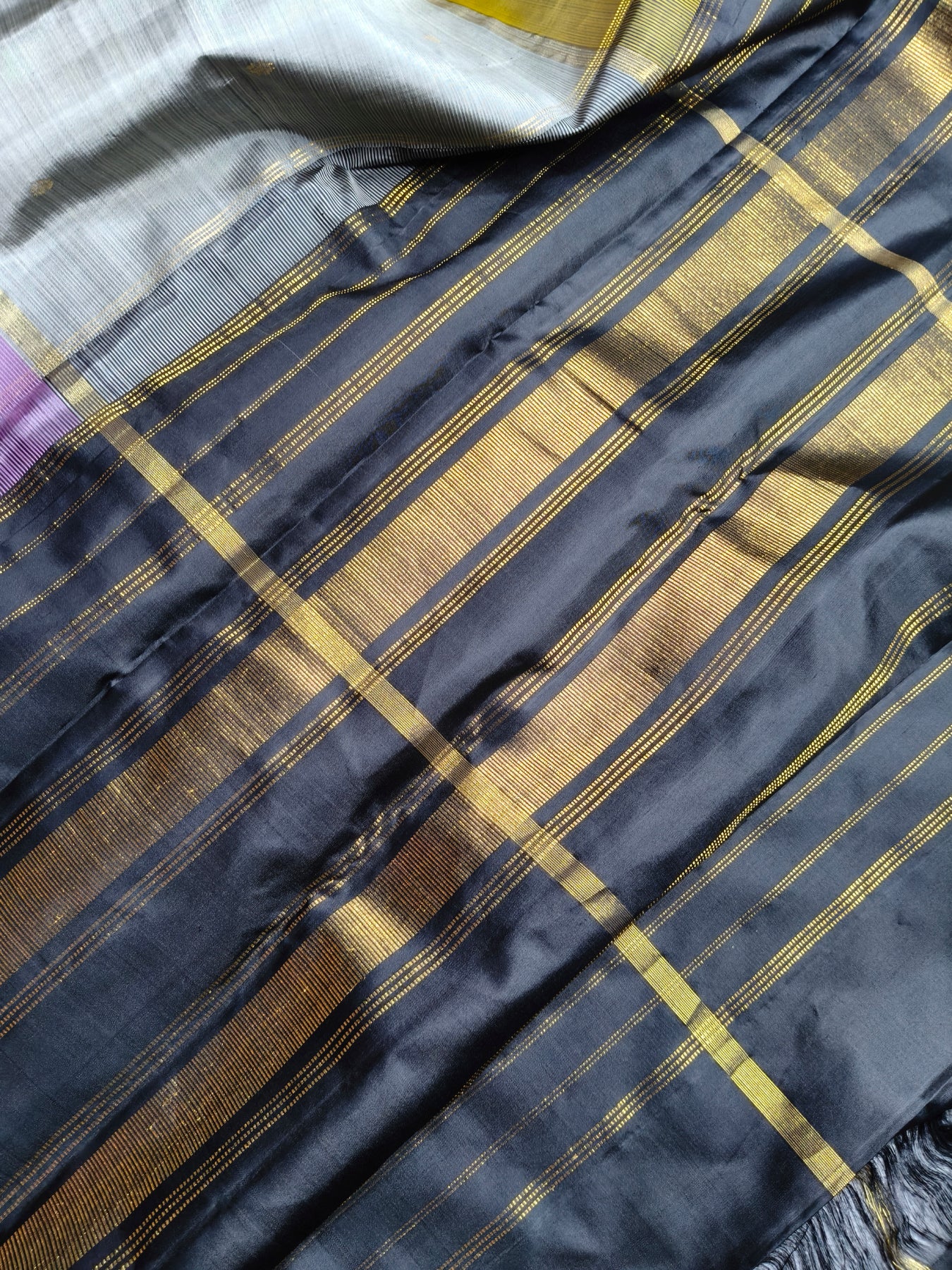 OLIVE GREEN GREY MAUVE SILK PURE HANDLOOM KANJIVARAM MUBBAGAM SAREE