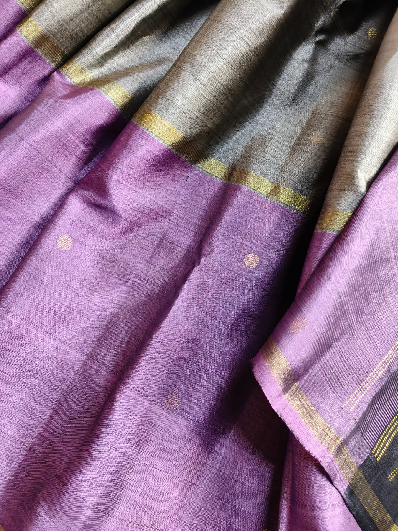 OLIVE GREEN GREY MAUVE SILK PURE HANDLOOM KANJIVARAM MUBBAGAM SAREE