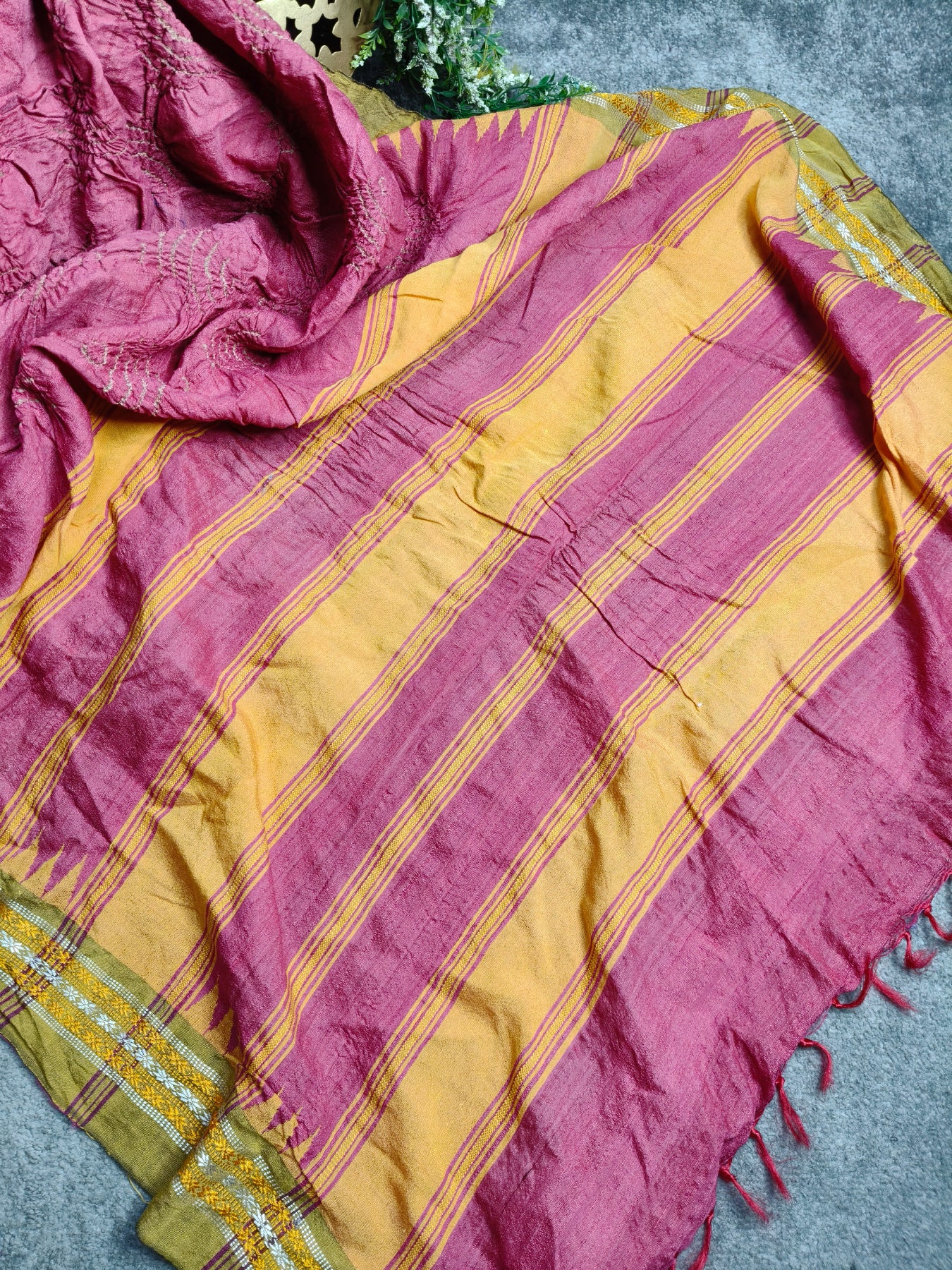 PINK TUSSAR PURE HANDLOOM BANDHEJ SAREE