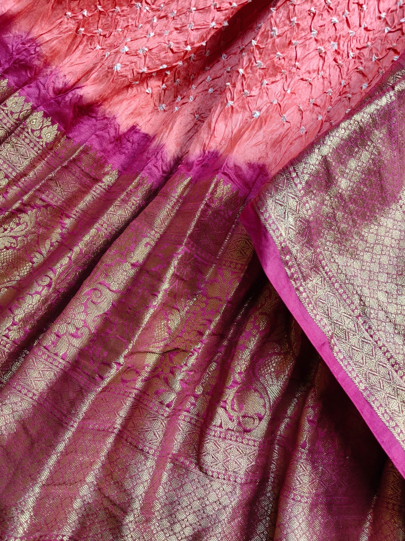 PEACH SILK PURE HANDLOOM BANDHEJ SAREE