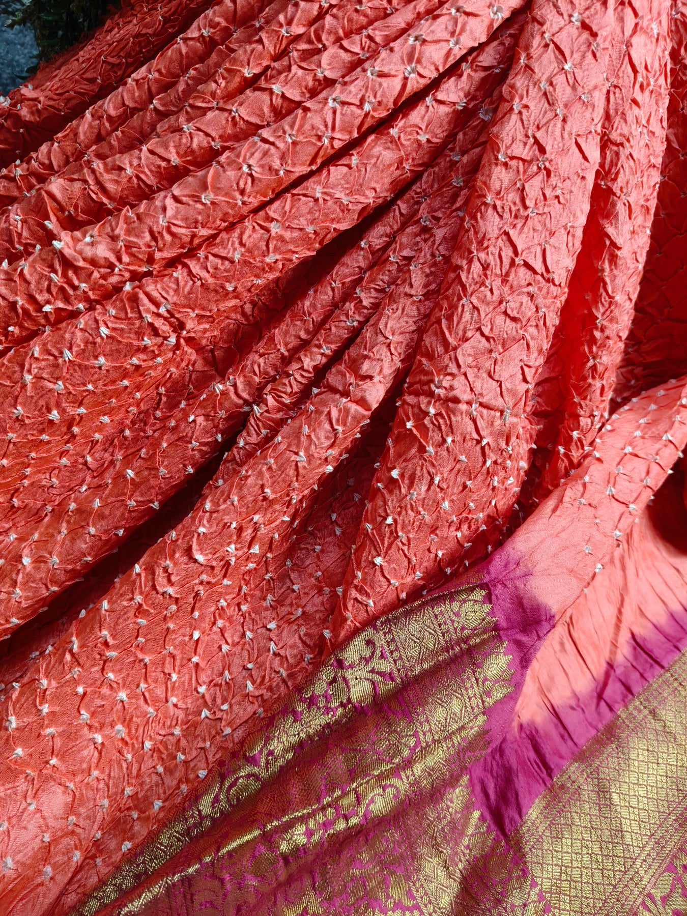 PEACH SILK PURE HANDLOOM BANDHEJ SAREE