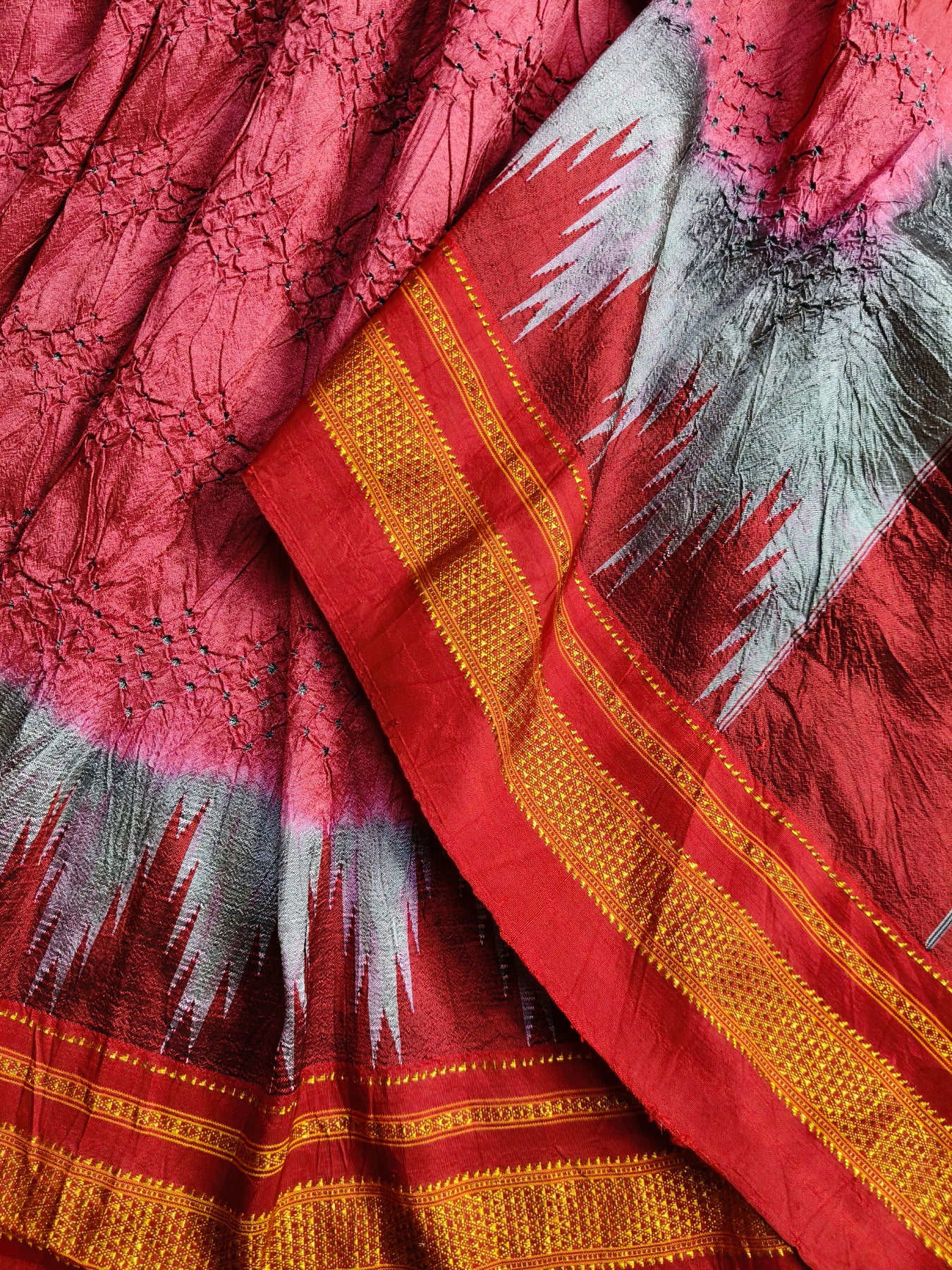 RED TUSSAR SILK PURE HANDLOOM BANDHEJ SAREE