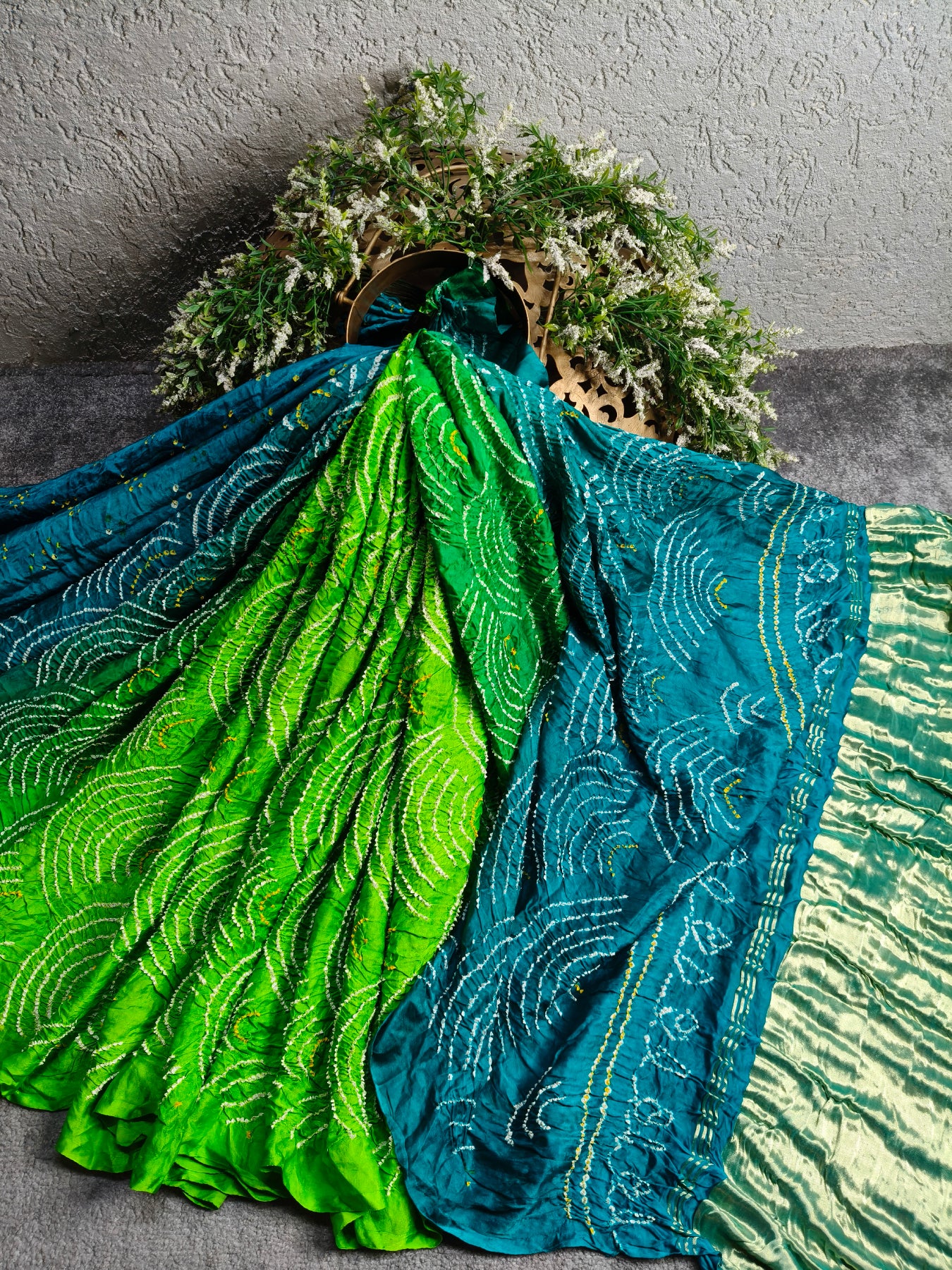 BLUE GREEN GAJJI SILK PURE HANDLOOM BANDHEJ SAREE