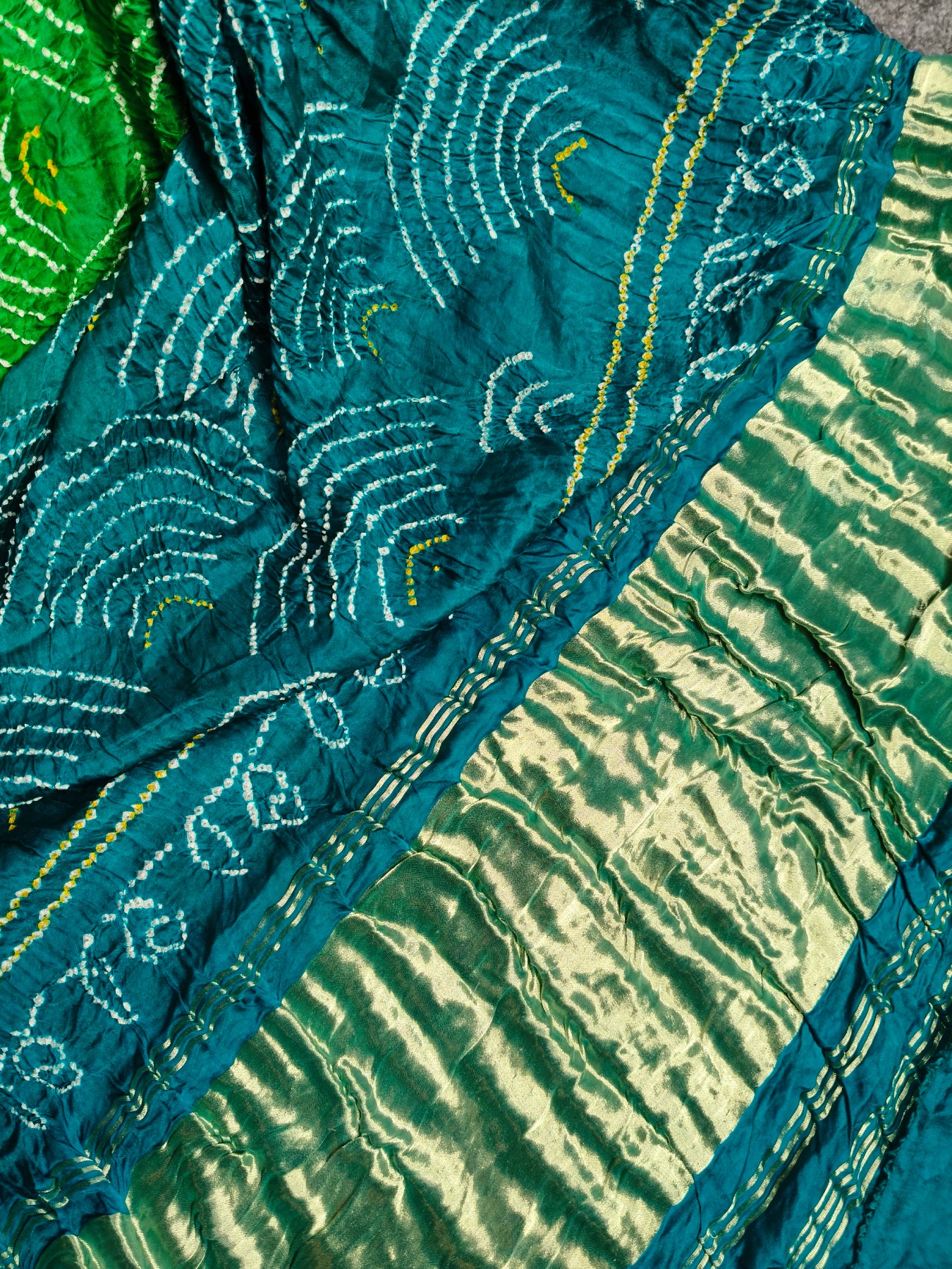 BLUE GREEN GAJJI SILK PURE HANDLOOM BANDHEJ SAREE