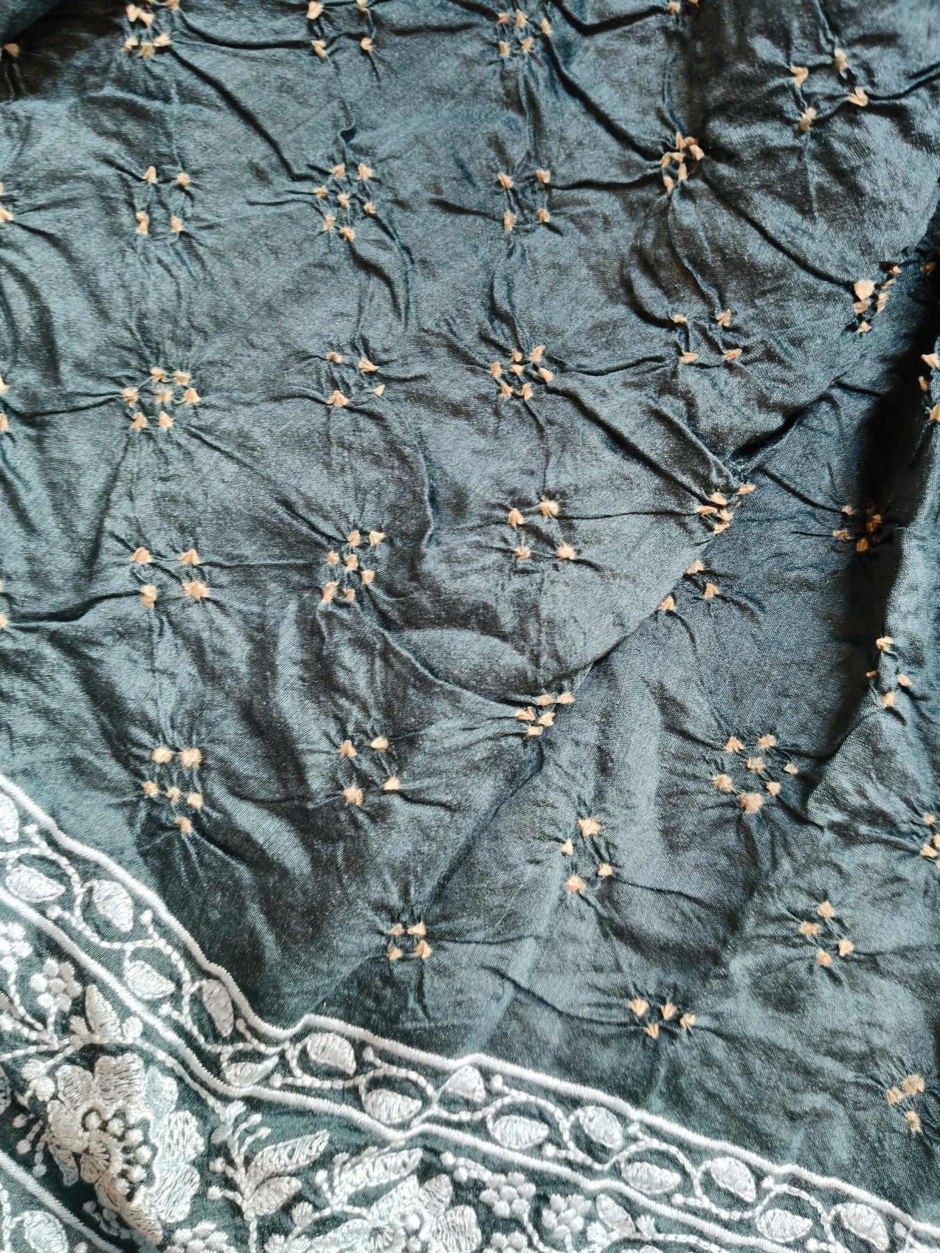GREY TUSSAR PURE HANDLOOM BANDHEJ SAREE