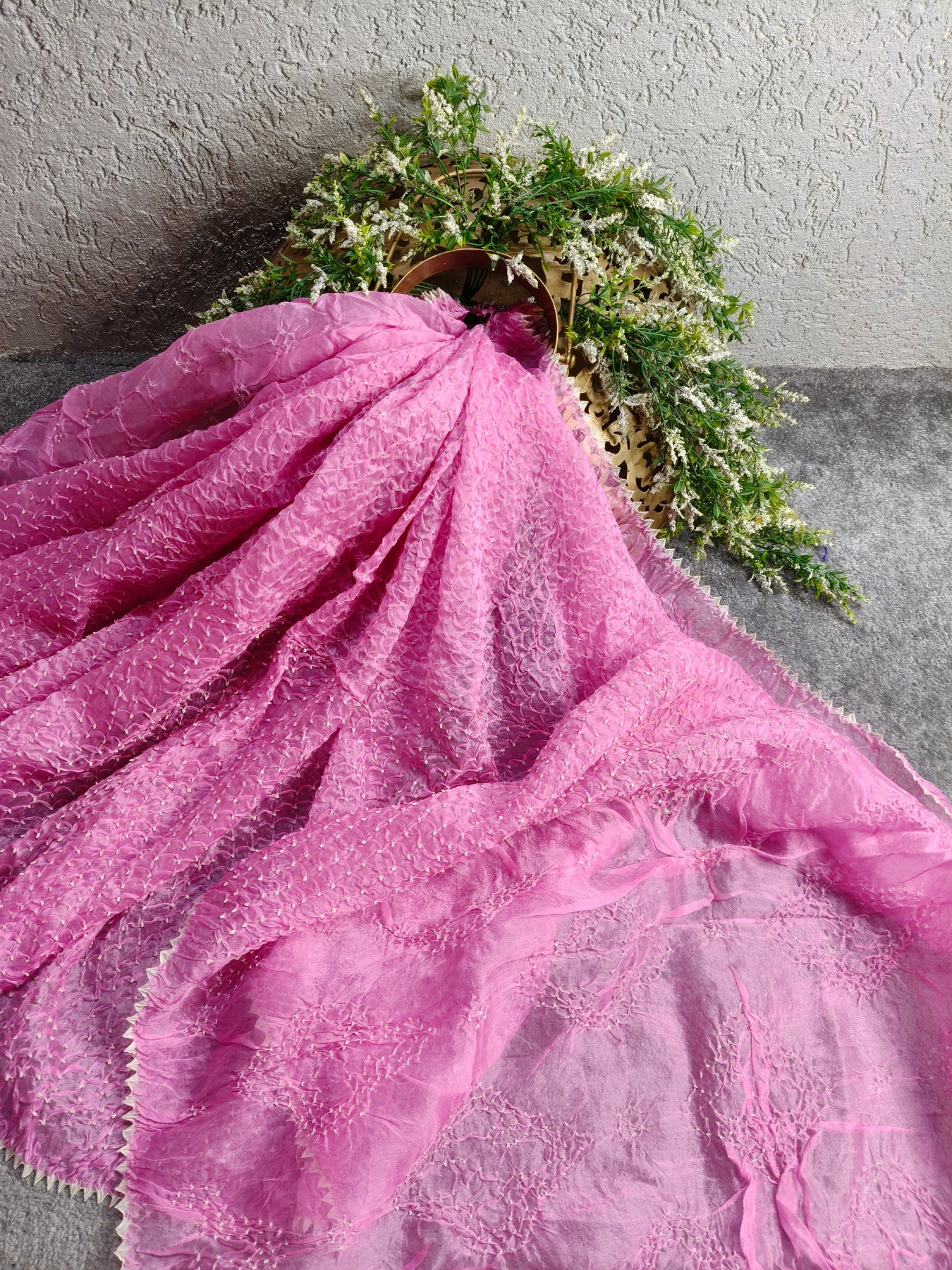 PINK ORGANZA PURE HANDLOOM BANDHEJ SAREE