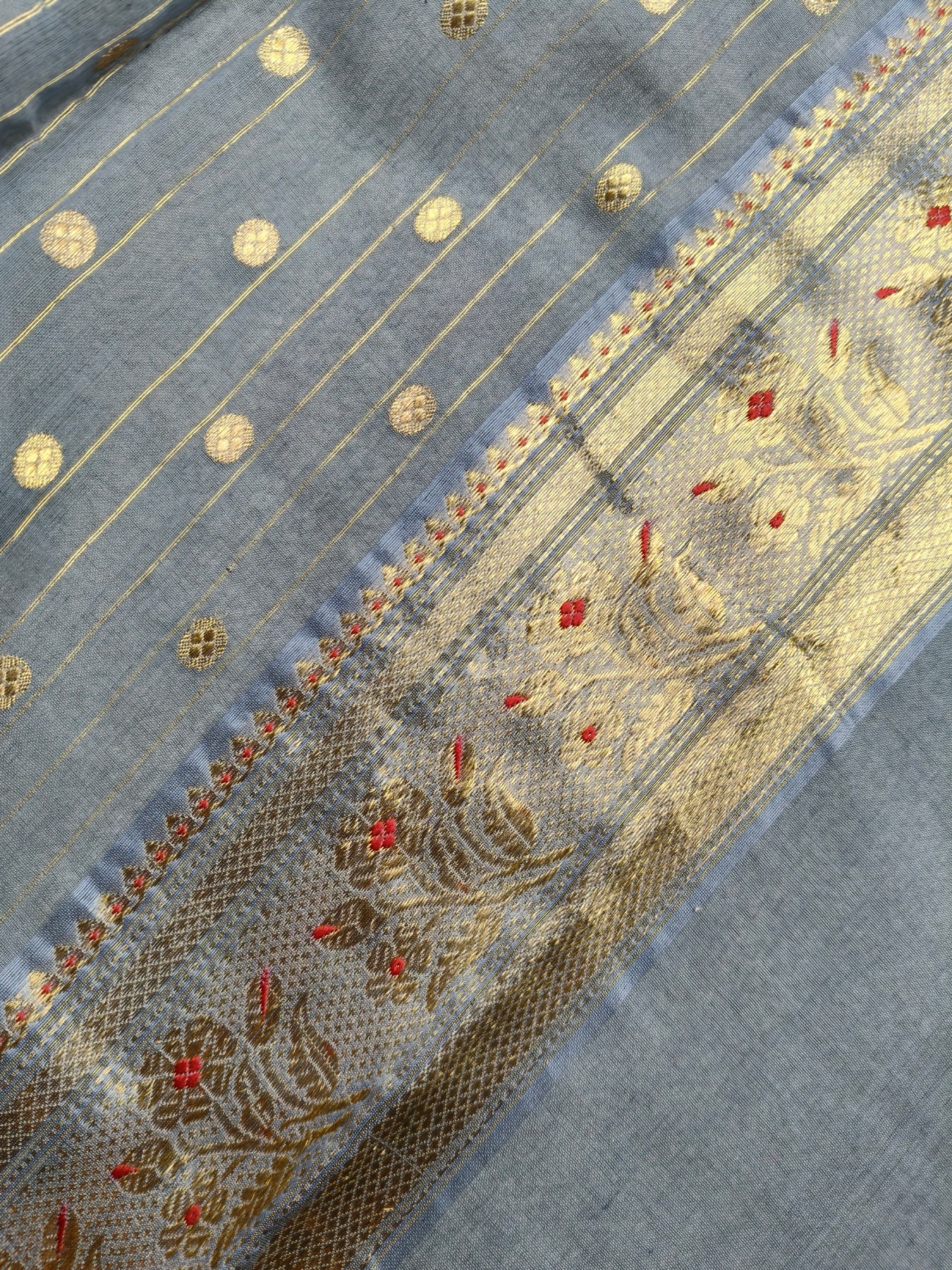 BLUISH GREY MUL COTTON PURE HANDLOOM CHANDERI SAREE