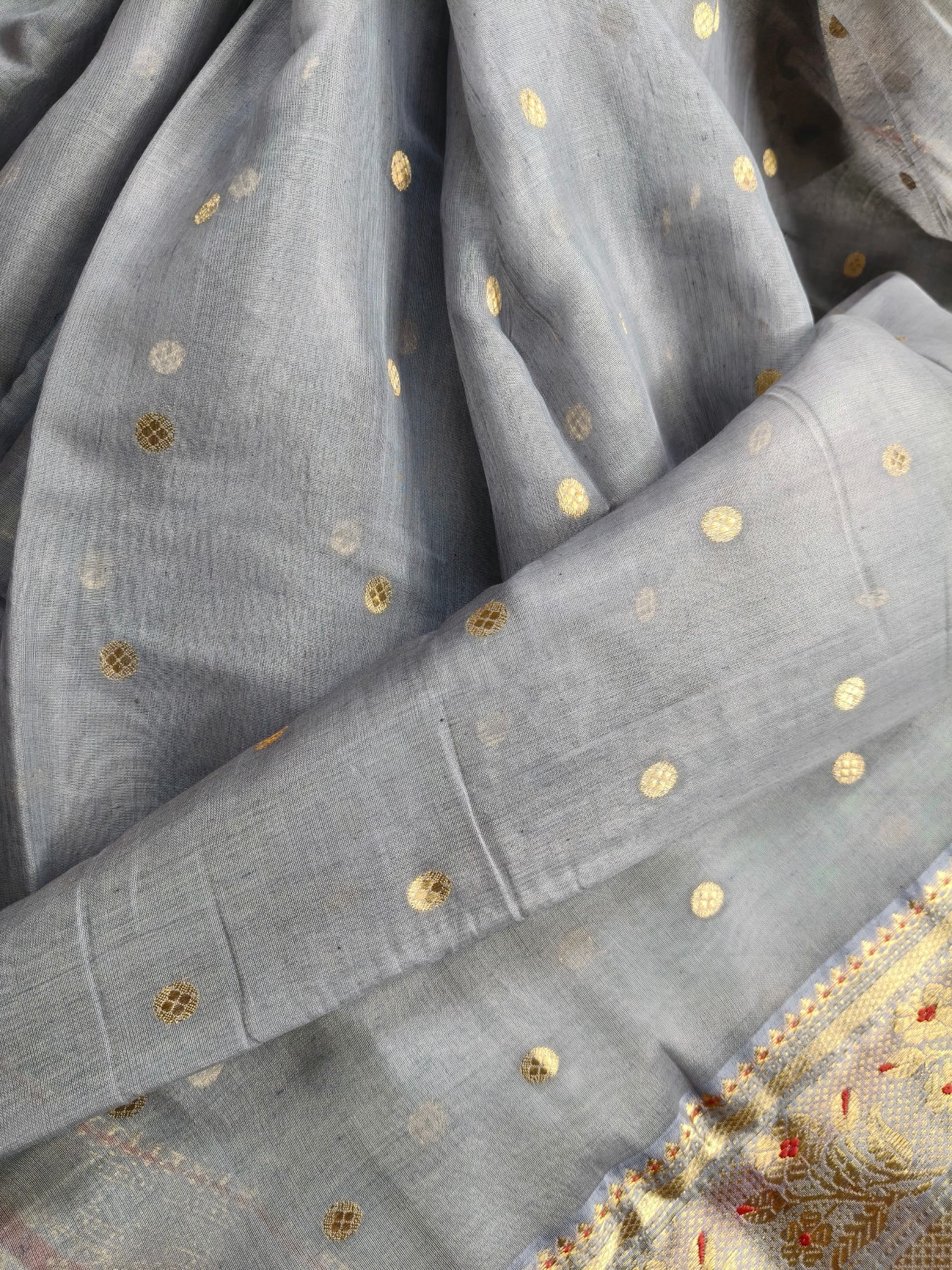 BLUISH GREY MUL COTTON PURE HANDLOOM CHANDERI SAREE