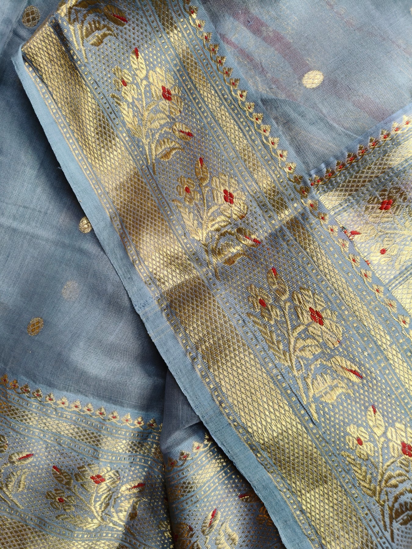 BLUISH GREY MUL COTTON PURE HANDLOOM CHANDERI SAREE