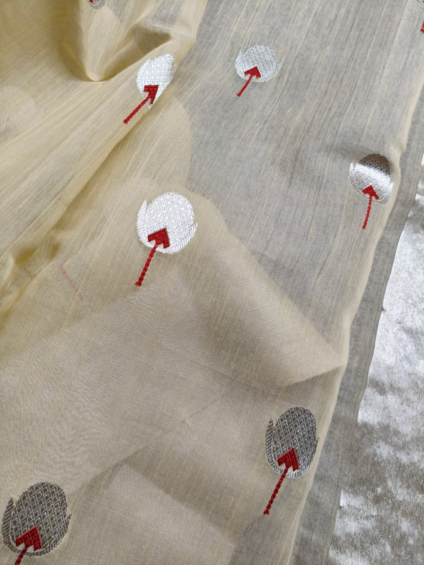 CREAM MUL COTTON PURE HANDLOOM CHANDERI SAREE