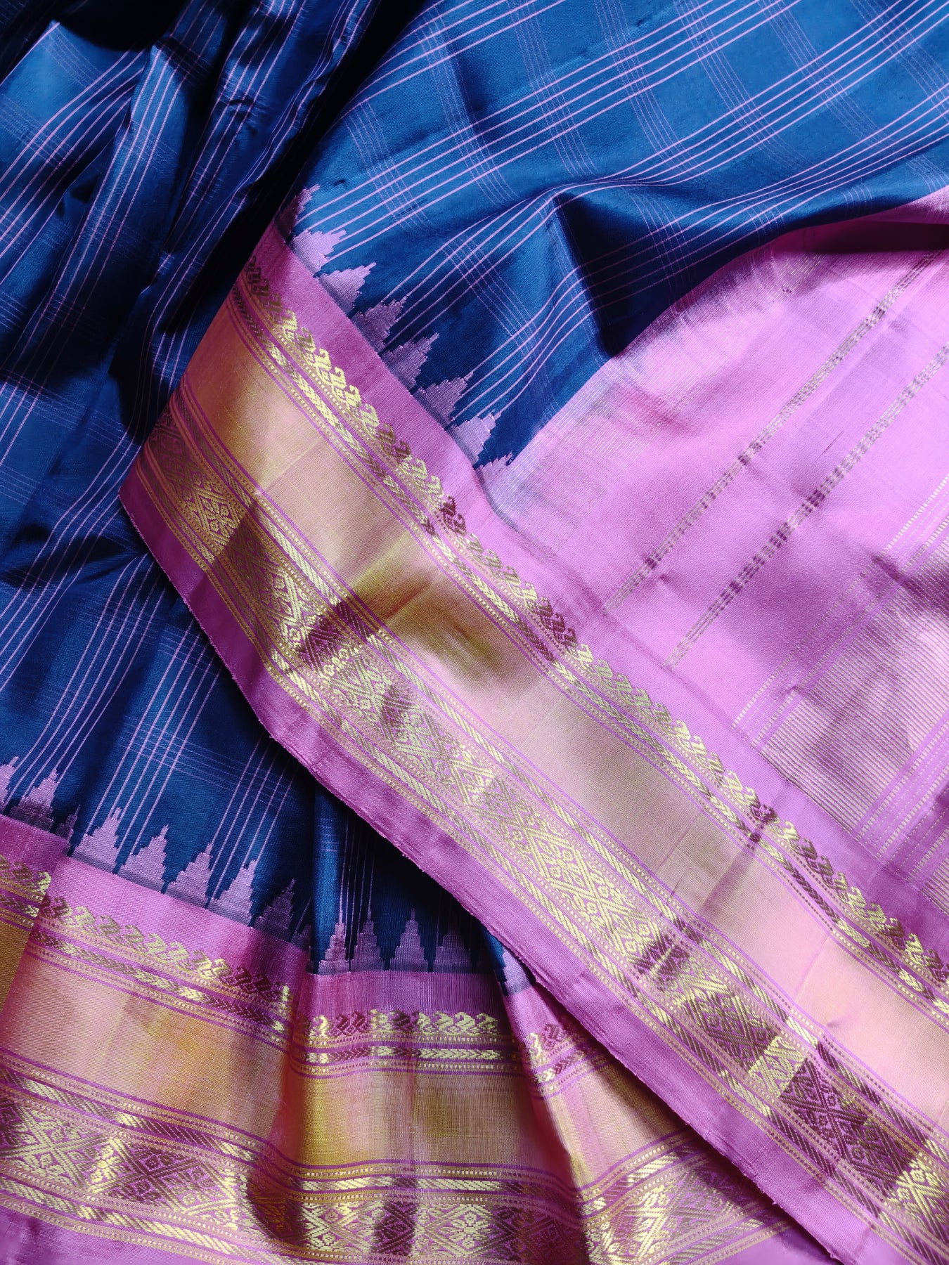 PURPLE BLUE SILK PURE HANDLOOM GADWAL SAREE