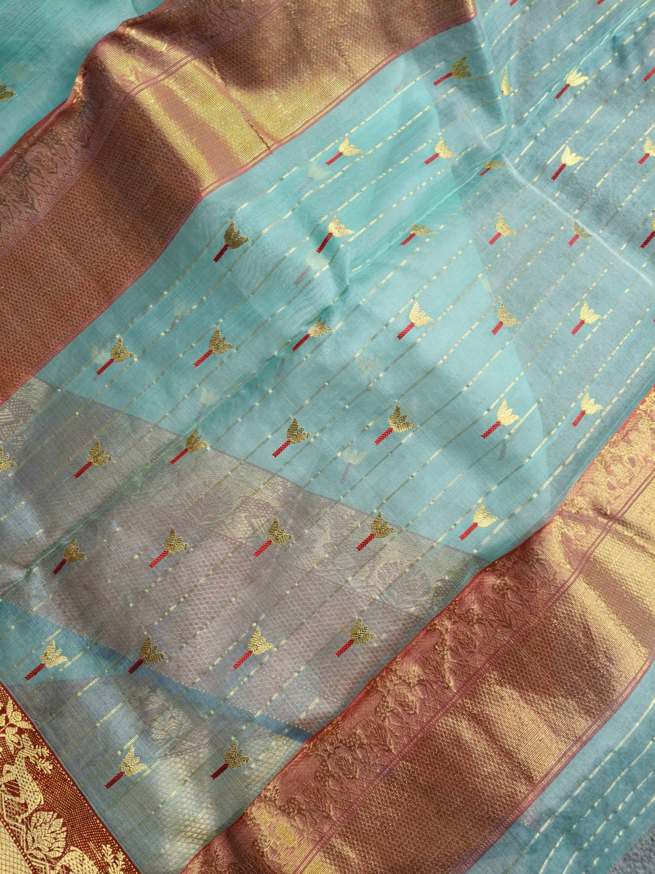 SKY BLUE KATAN SILK PURE HANDLOOM CHANDERI SAREE