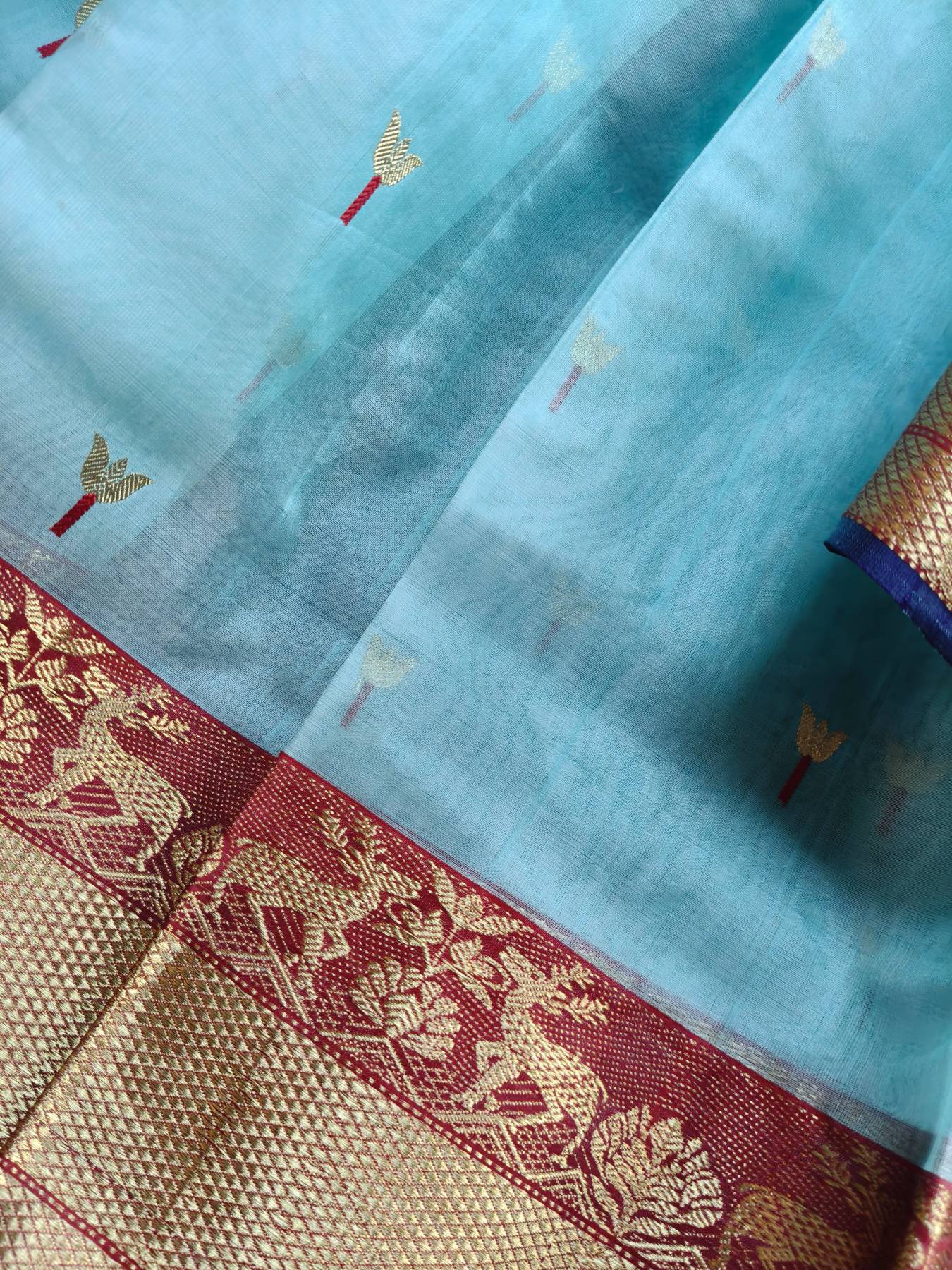 SKY BLUE KATAN SILK PURE HANDLOOM CHANDERI SAREE