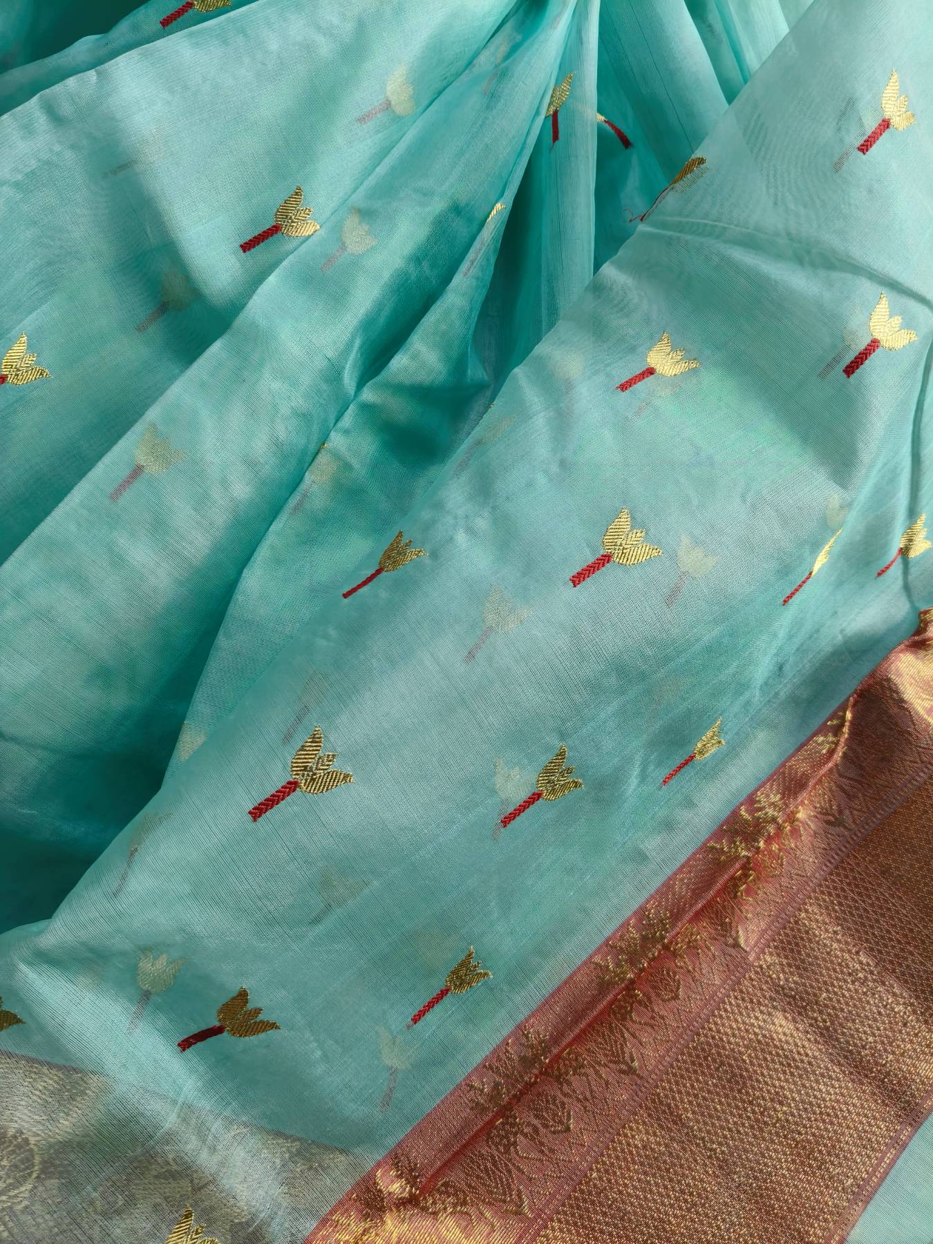 SKY BLUE KATAN SILK PURE HANDLOOM CHANDERI SAREE