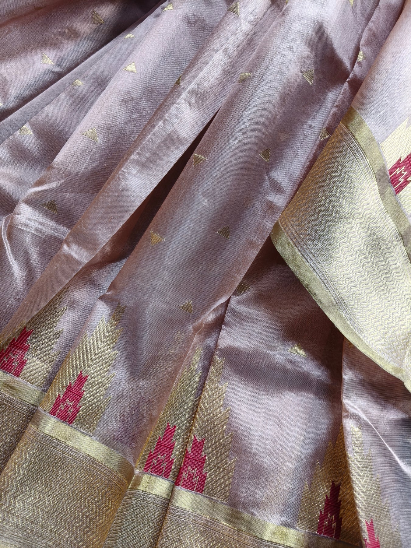 PEACH SILK PURE HANDLOOM EK NALIYA CHANDERI SAREE