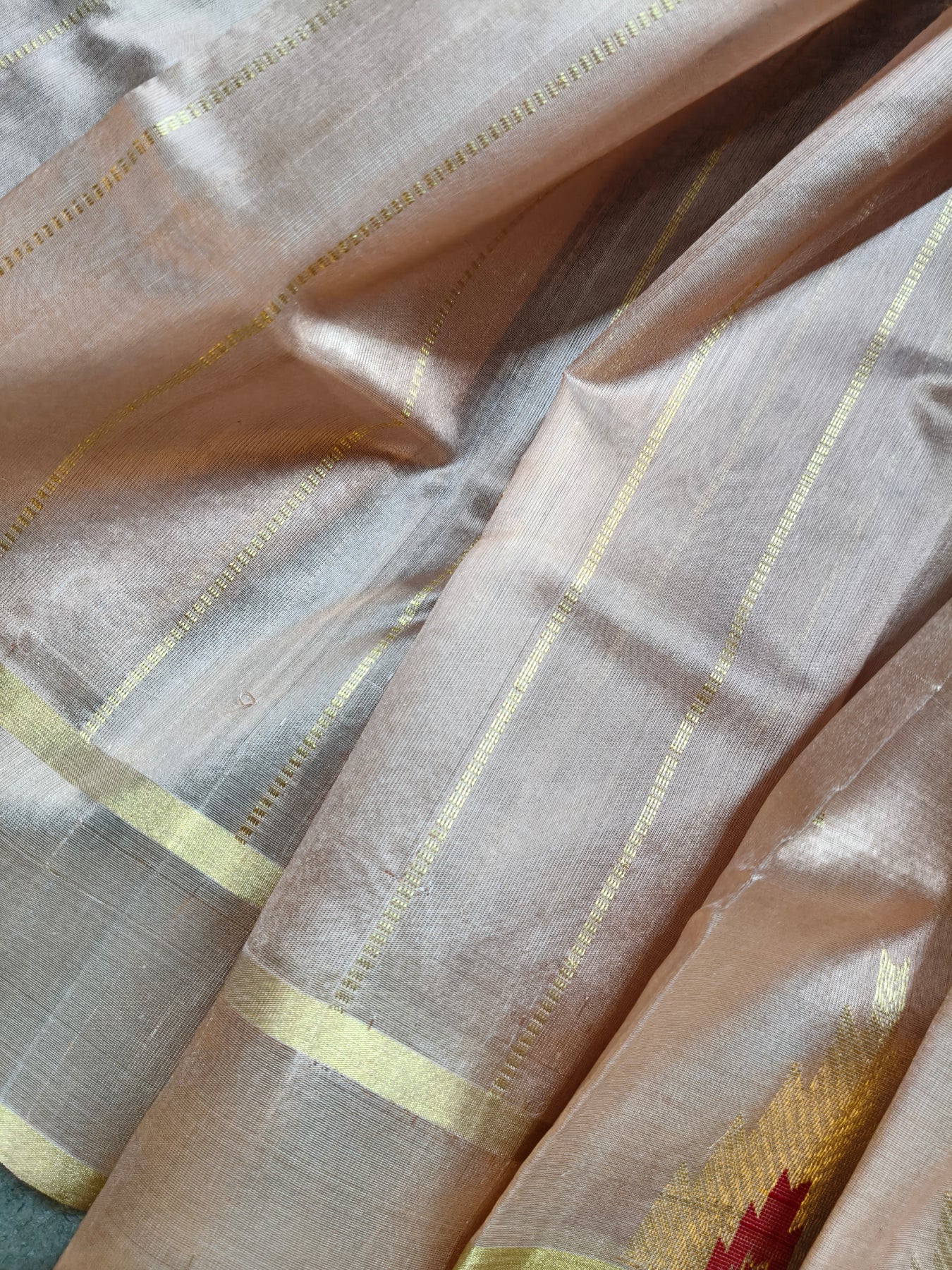 PEACH SILK PURE HANDLOOM EK NALIYA CHANDERI SAREE