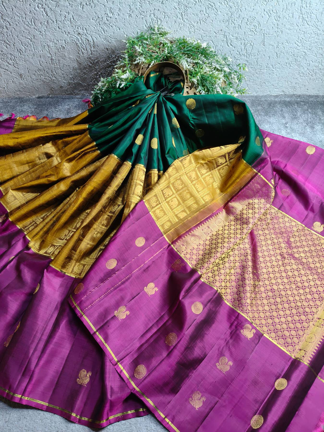 MAJENTA PINK MUSTARD GREEN SILK PURE HANDLOOM KANJIVARAM MUBBAGAM SAREE