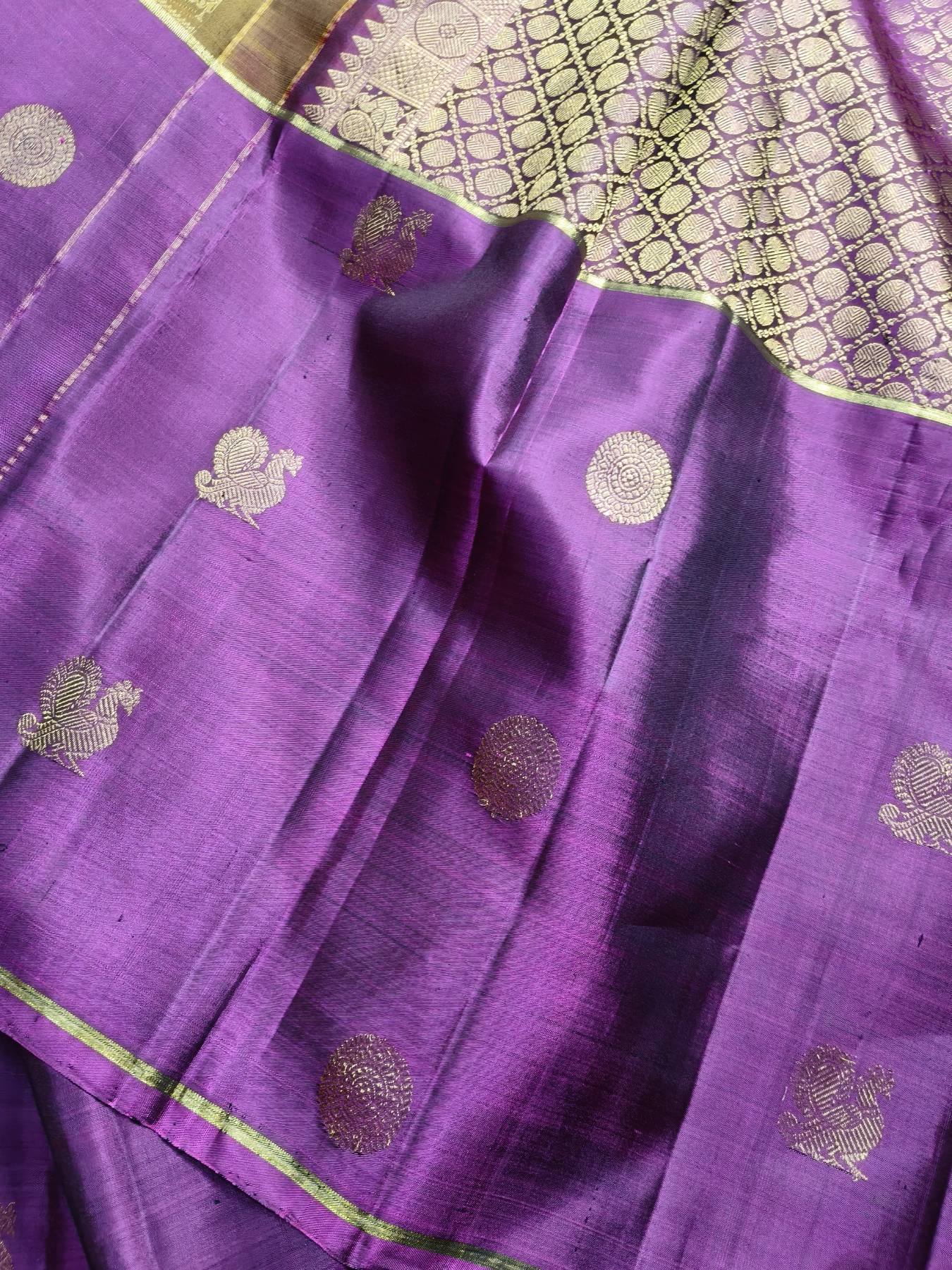 MAJENTA PINK MUSTARD GREEN SILK PURE HANDLOOM KANJIVARAM MUBBAGAM SAREE