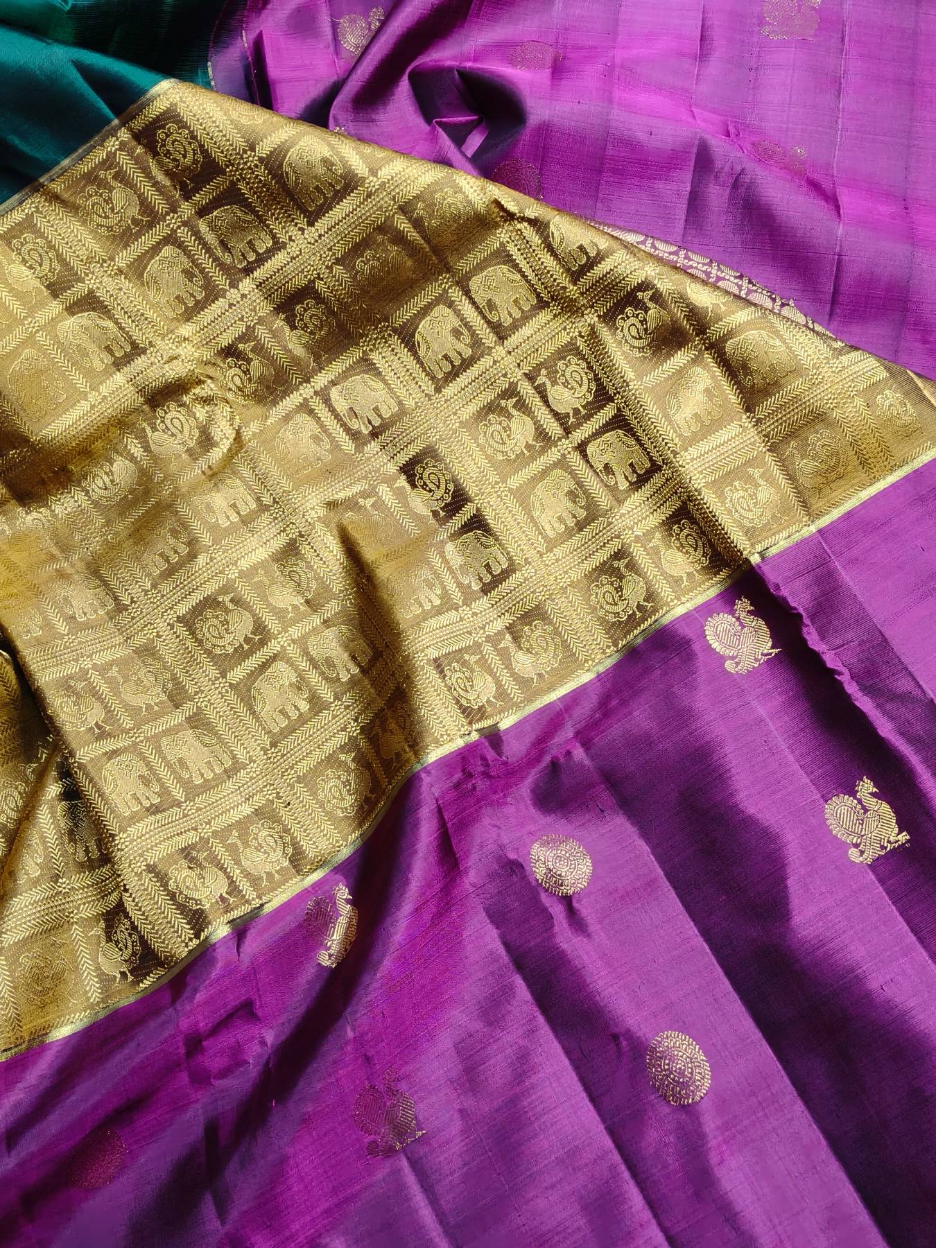 MAJENTA PINK MUSTARD GREEN SILK PURE HANDLOOM KANJIVARAM MUBBAGAM SAREE