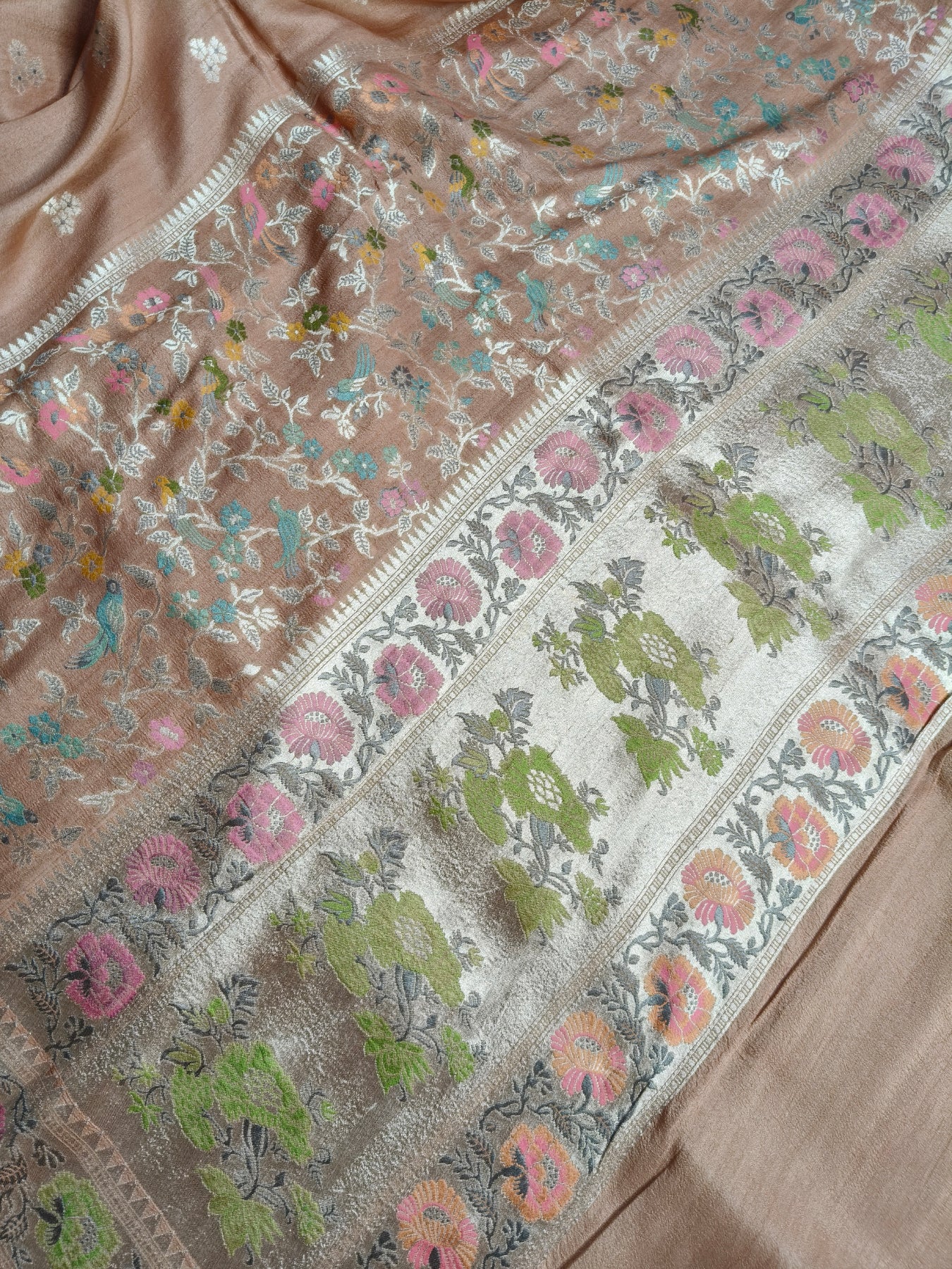 PASTEL PEACH TASSAR GEORGETTE PURE HANDLOOM BANARASI SAREE