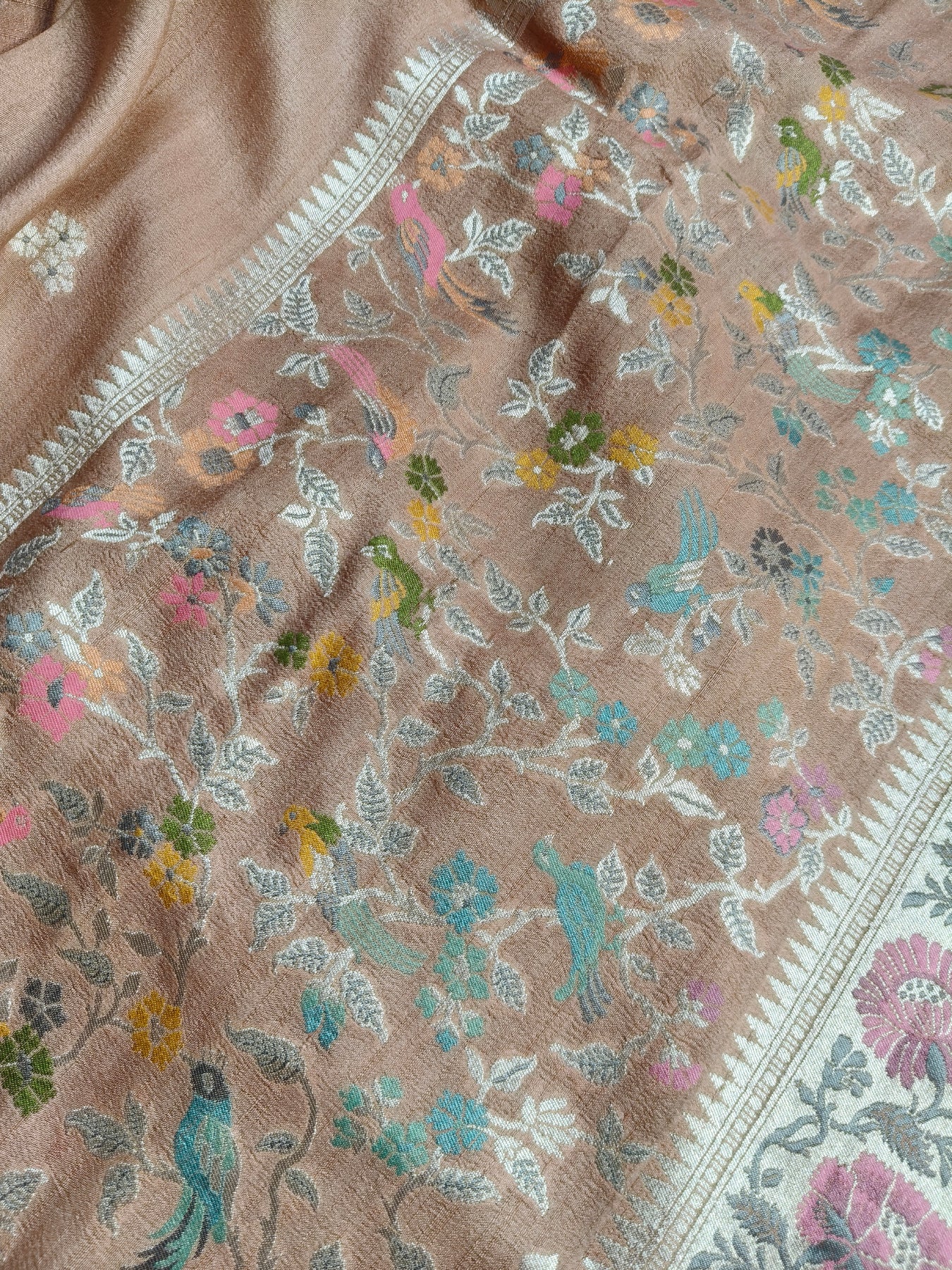 PASTEL PEACH TASSAR GEORGETTE PURE HANDLOOM BANARASI SAREE