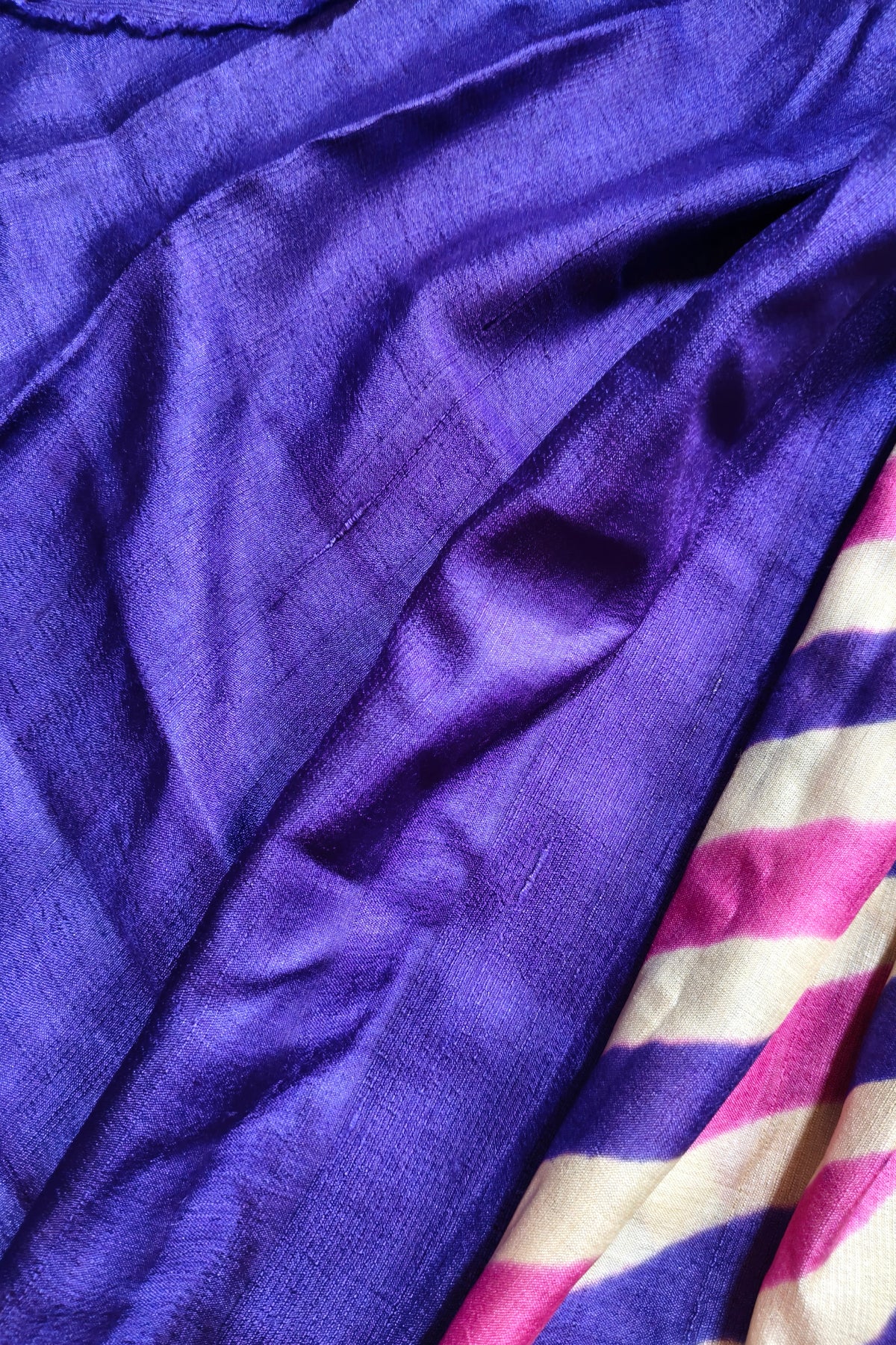 WHITE PINK PURPLE TUSSAR SILK PURE HANDLOOM LEHERIYA SAREE