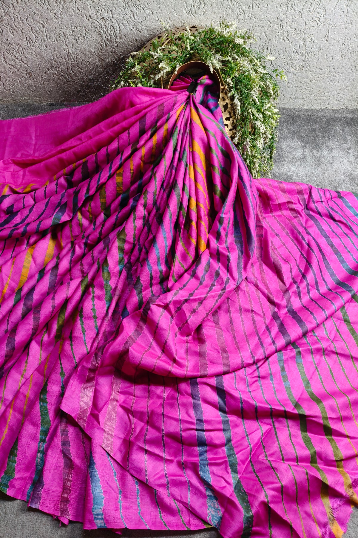 PINK PURPLE TUSSAR SILK PURE HANDLOOM LEHERIYA SAREE